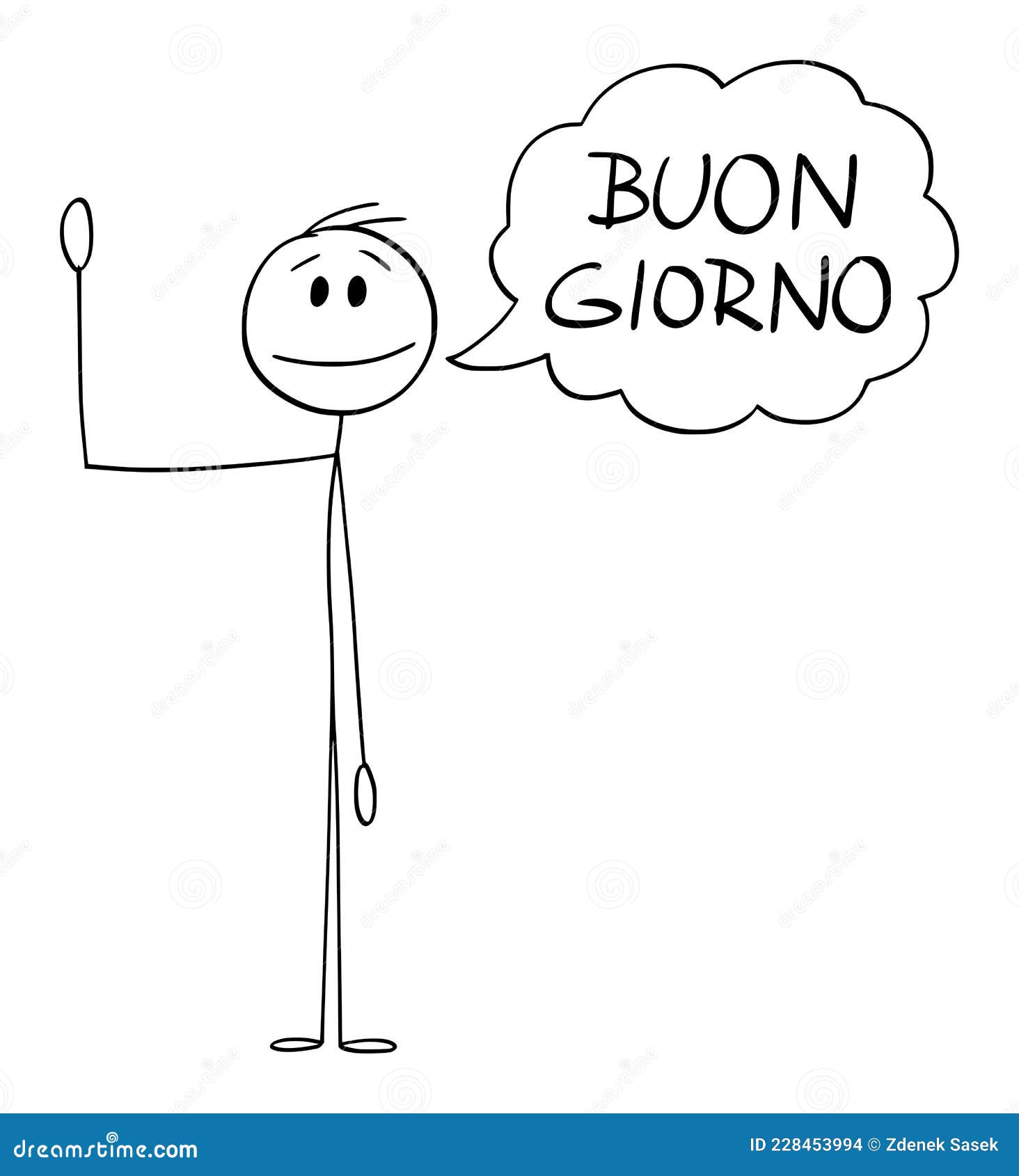 person or man waving his hand and saying greeting buon giorno in italian ,  cartoon stick figure 