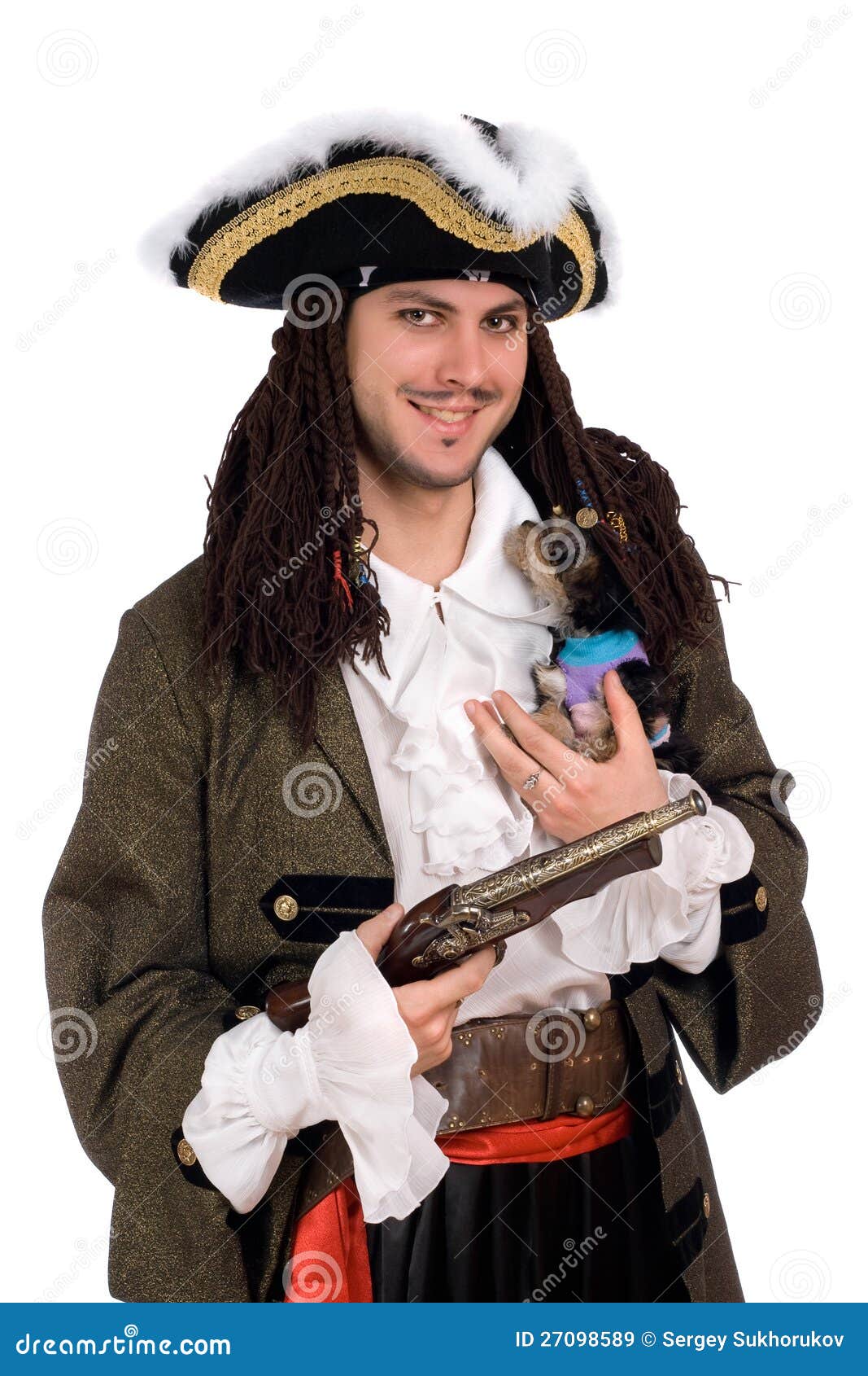 Man in a Pirate Costume with Small Dog Stock Image Image of isolated