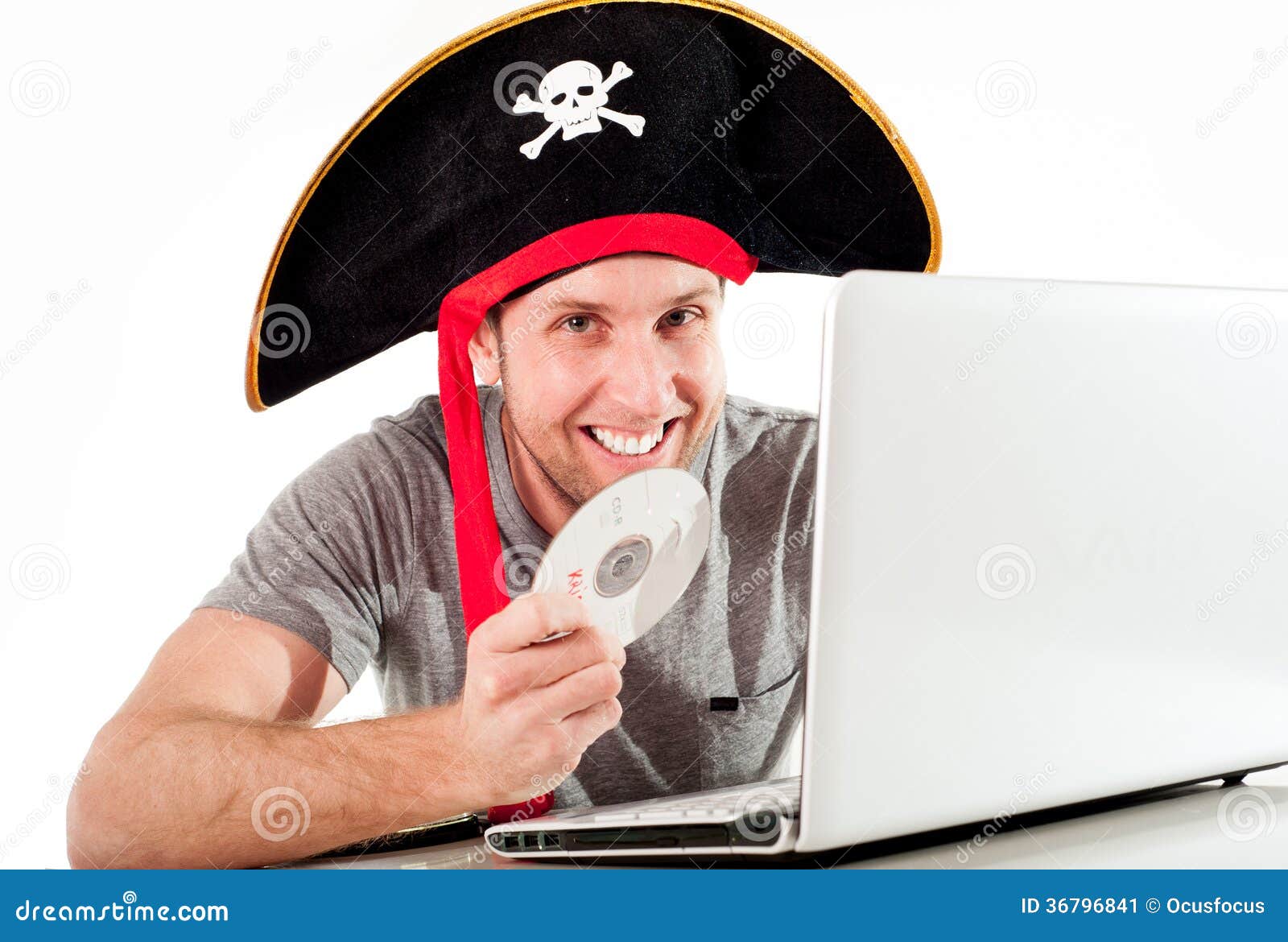 Man In Pirate Hat Downloading Music On A Laptop Stock Image Image Of Piracy Hijack 36796841