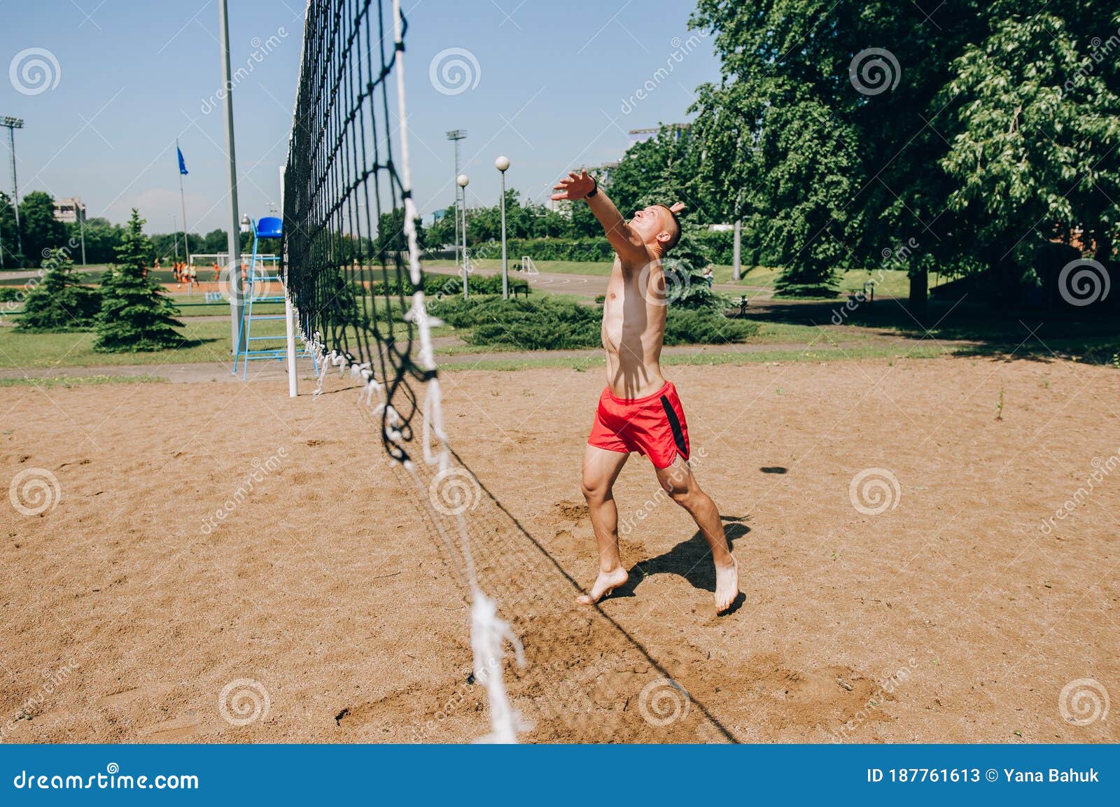 Man Playing Beach Volleyball Diving after the Ball Under a Clear Blue