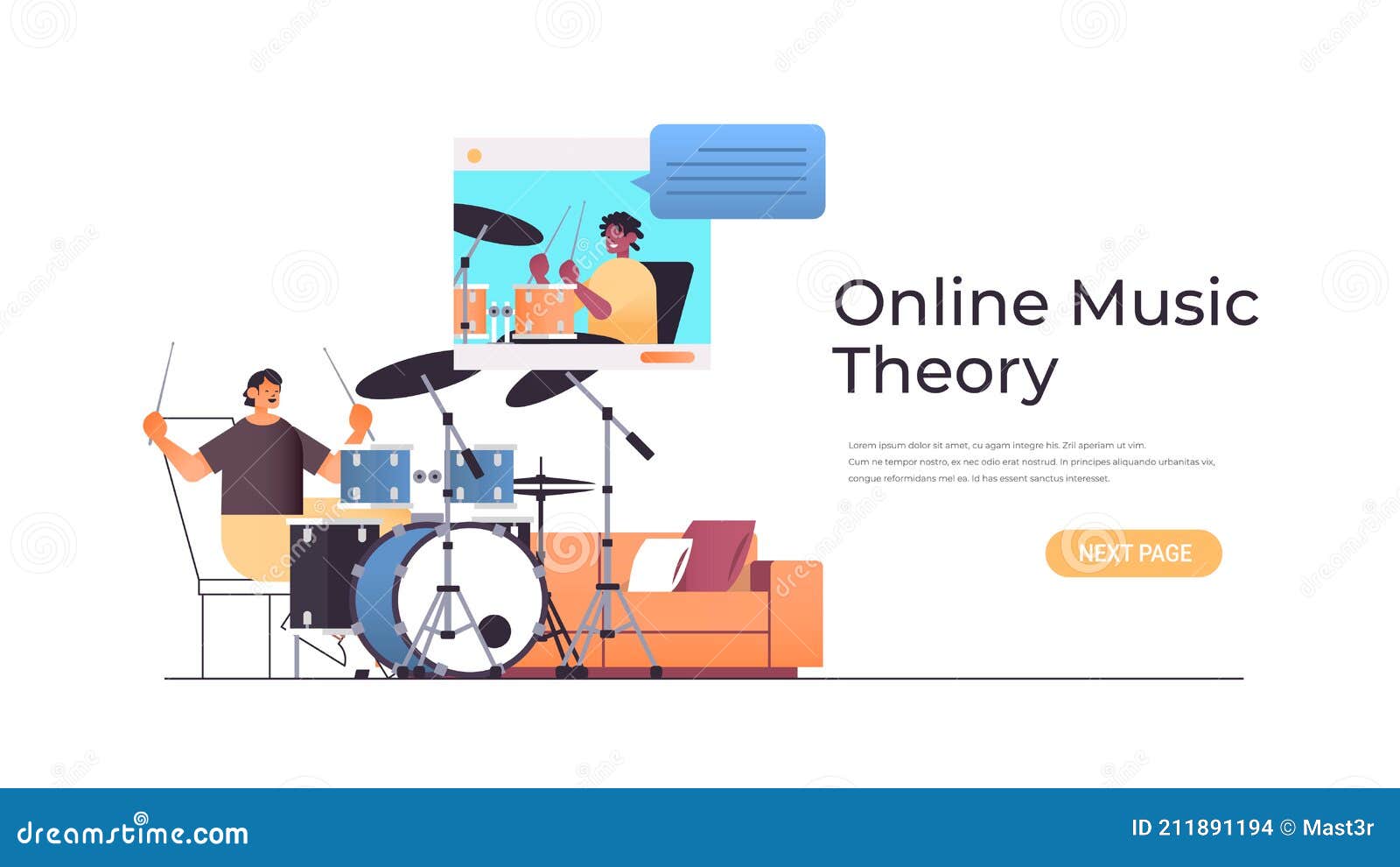 man playing drums while watching video lessons with male teacher in web browser window online music theory concept