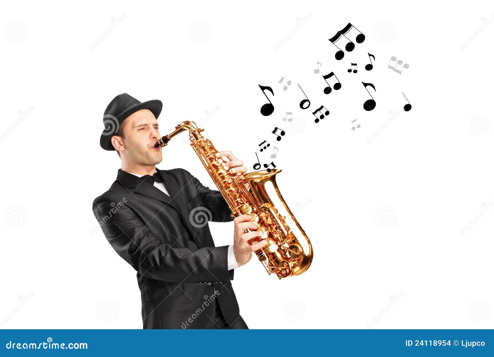 A Man Playing On Saxophone And Notes Coming Out Stock Images - Image