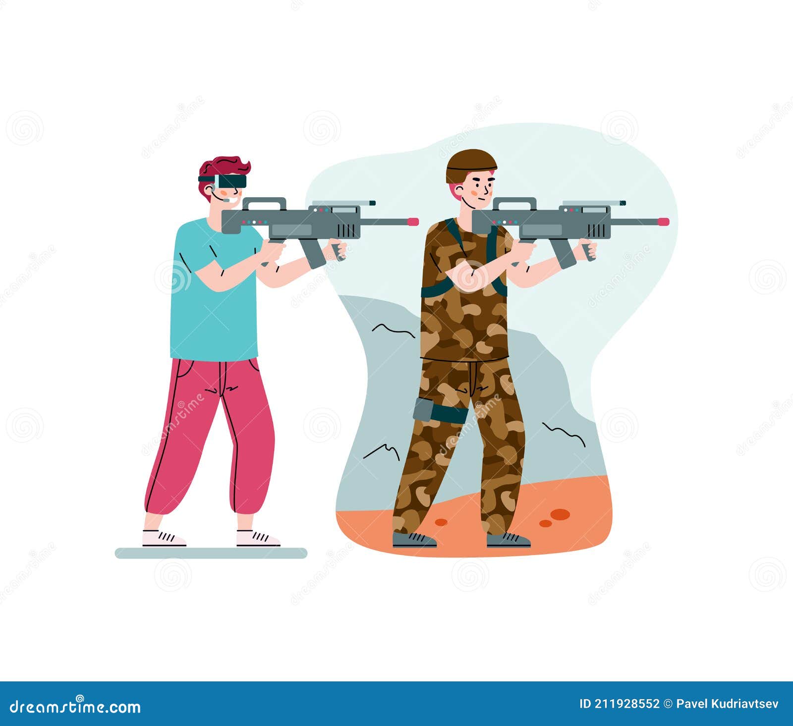 Traditionel Indien platform Man Playing War Game with VR Glasses, Cartoon Vector Illustration Isolated.  Stock Vector - Illustration of interactive, weapon: 211928552