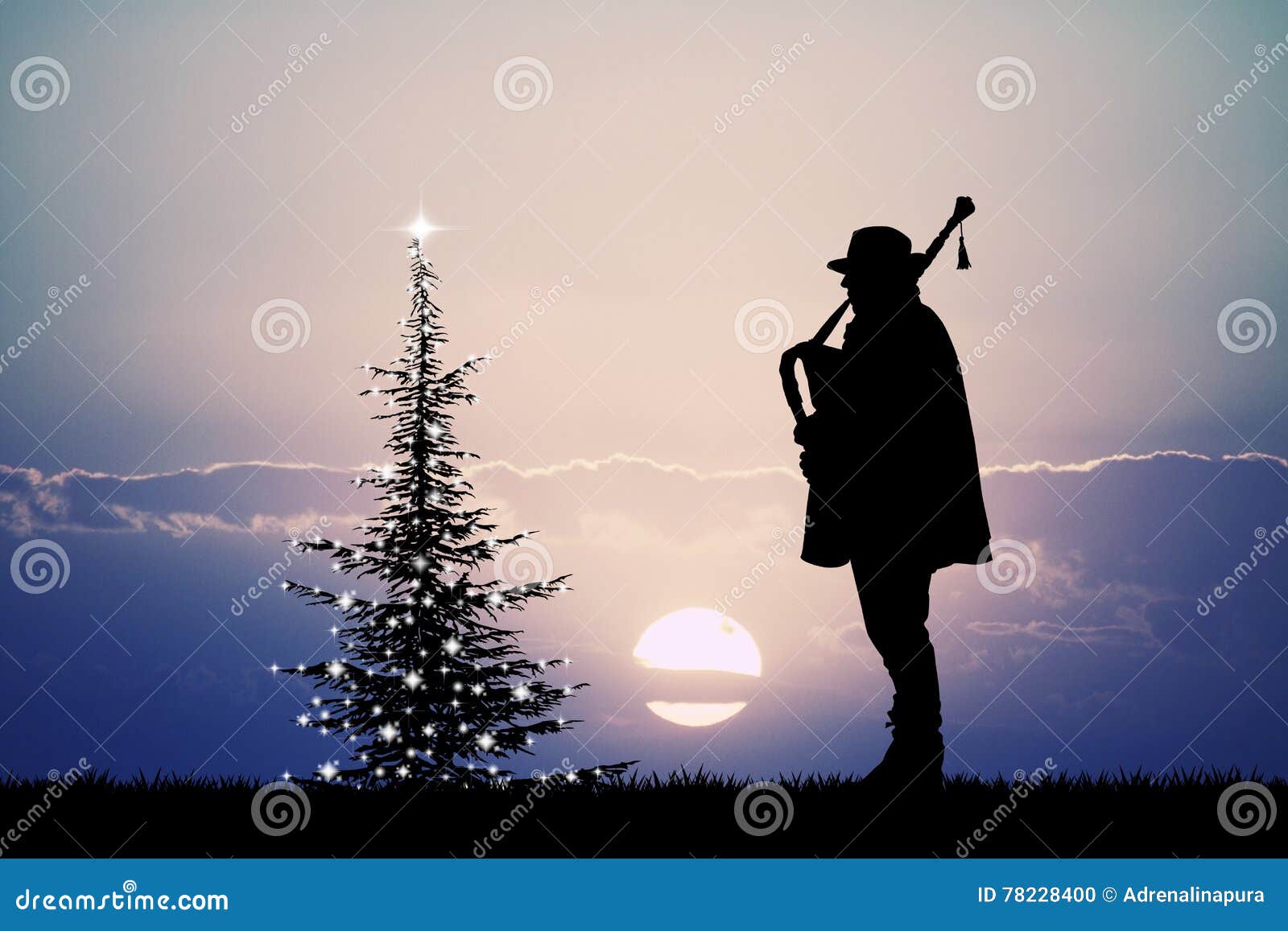 Man Plays the Bagpipes at Christmas Stock Illustration Illustration