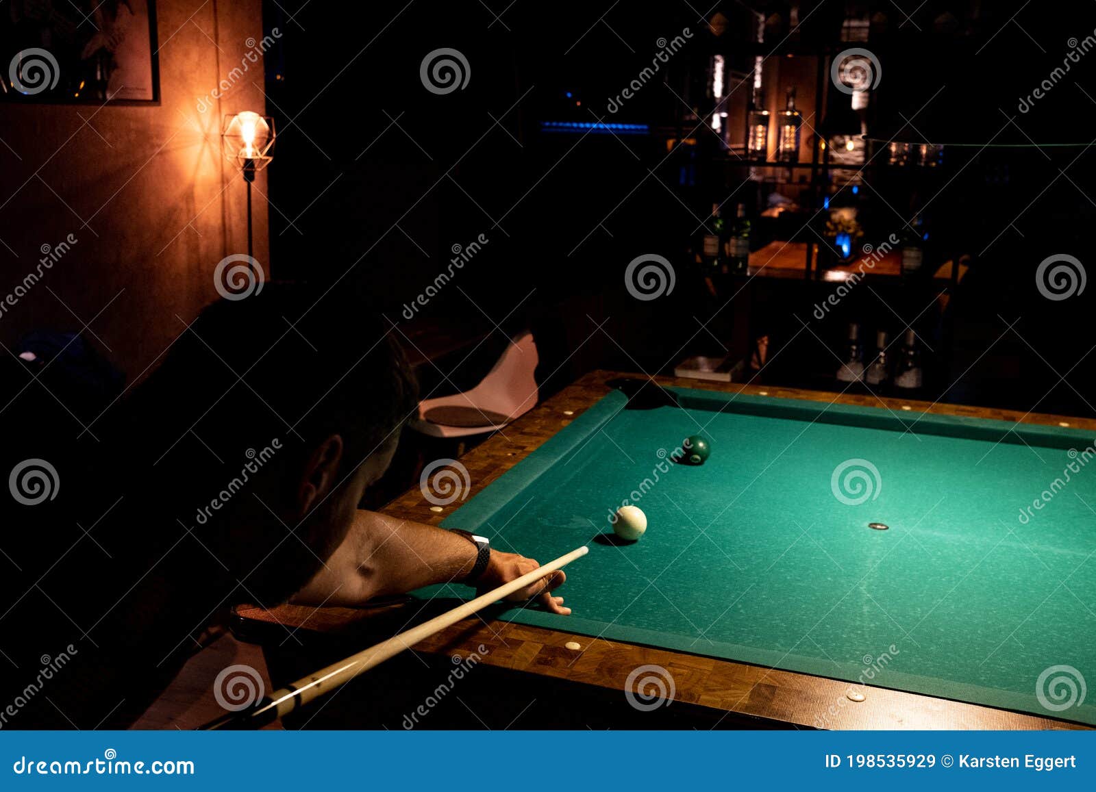 Man Plays Billiards on a Billiard Table Stock Image Image of