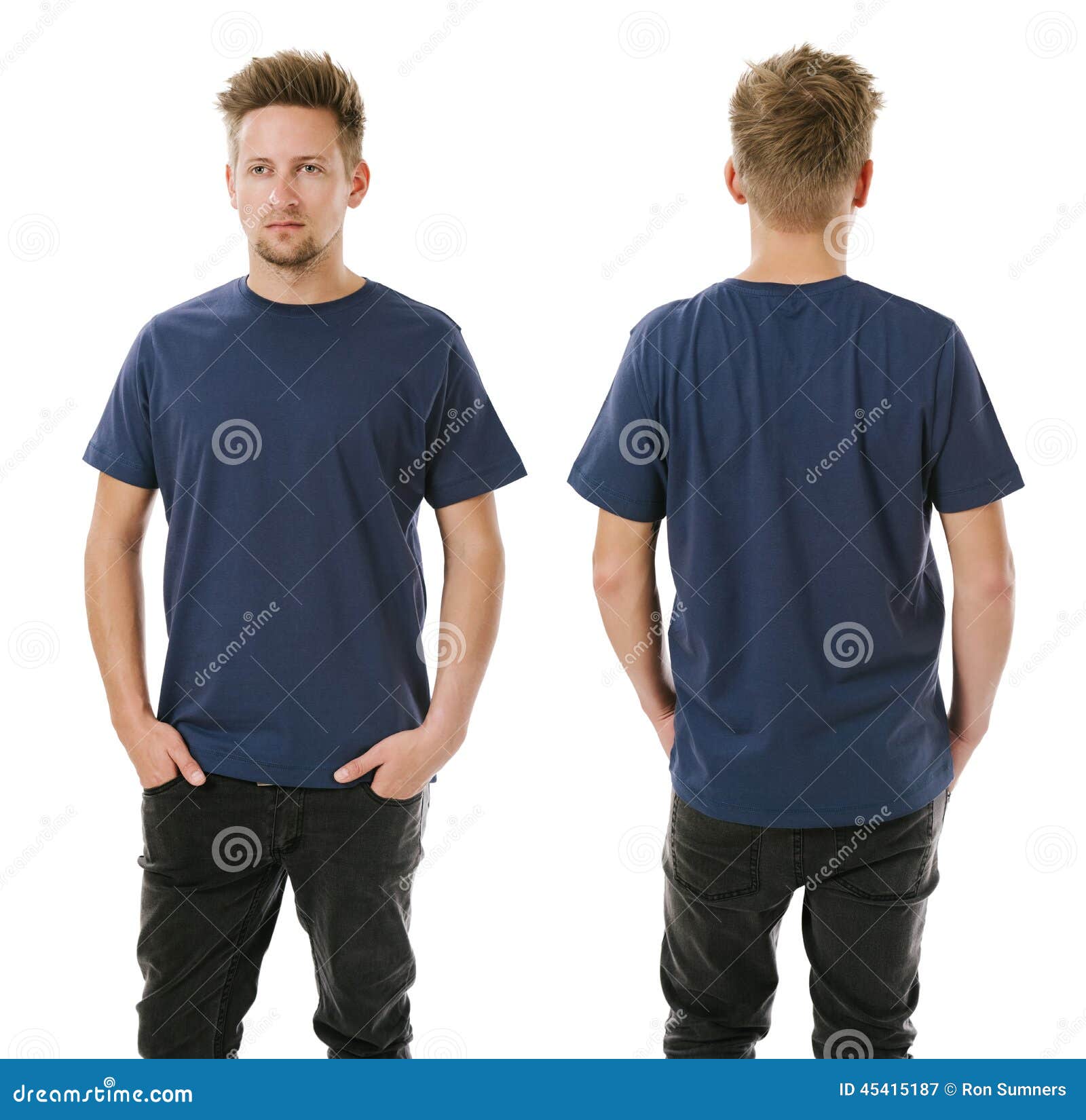 man posing with blank navy blue shirt