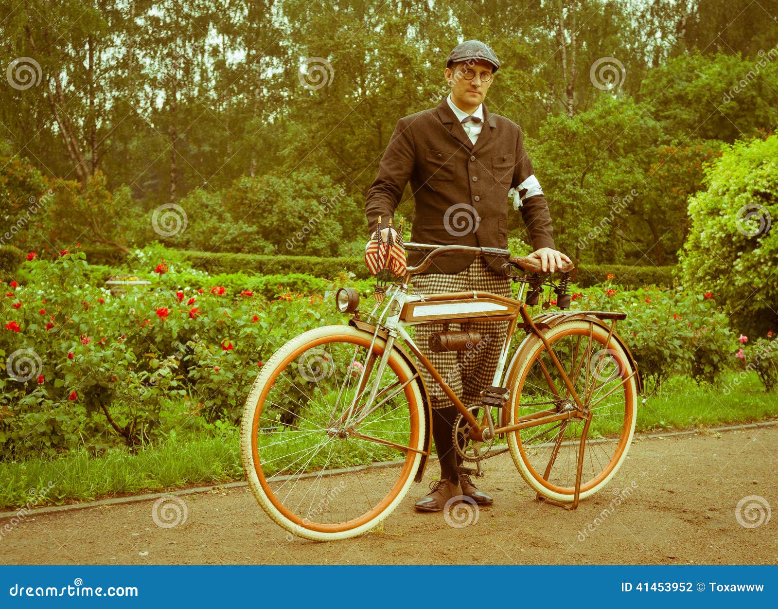Man Posing with Retro Bicycle in the Park Stock Photo Image of