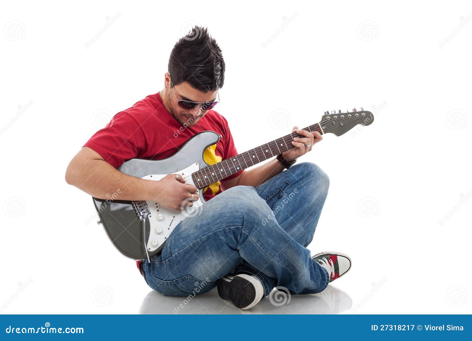 Man Practicing on Electric Guitar Stock Image Image of equipment