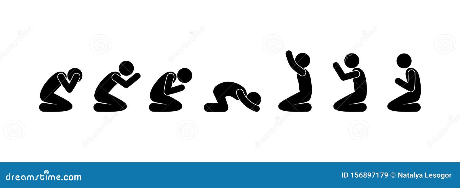 Man Pray Icon, Set Of People Silhouettes On Knees, Stick Figure Pictogram S...