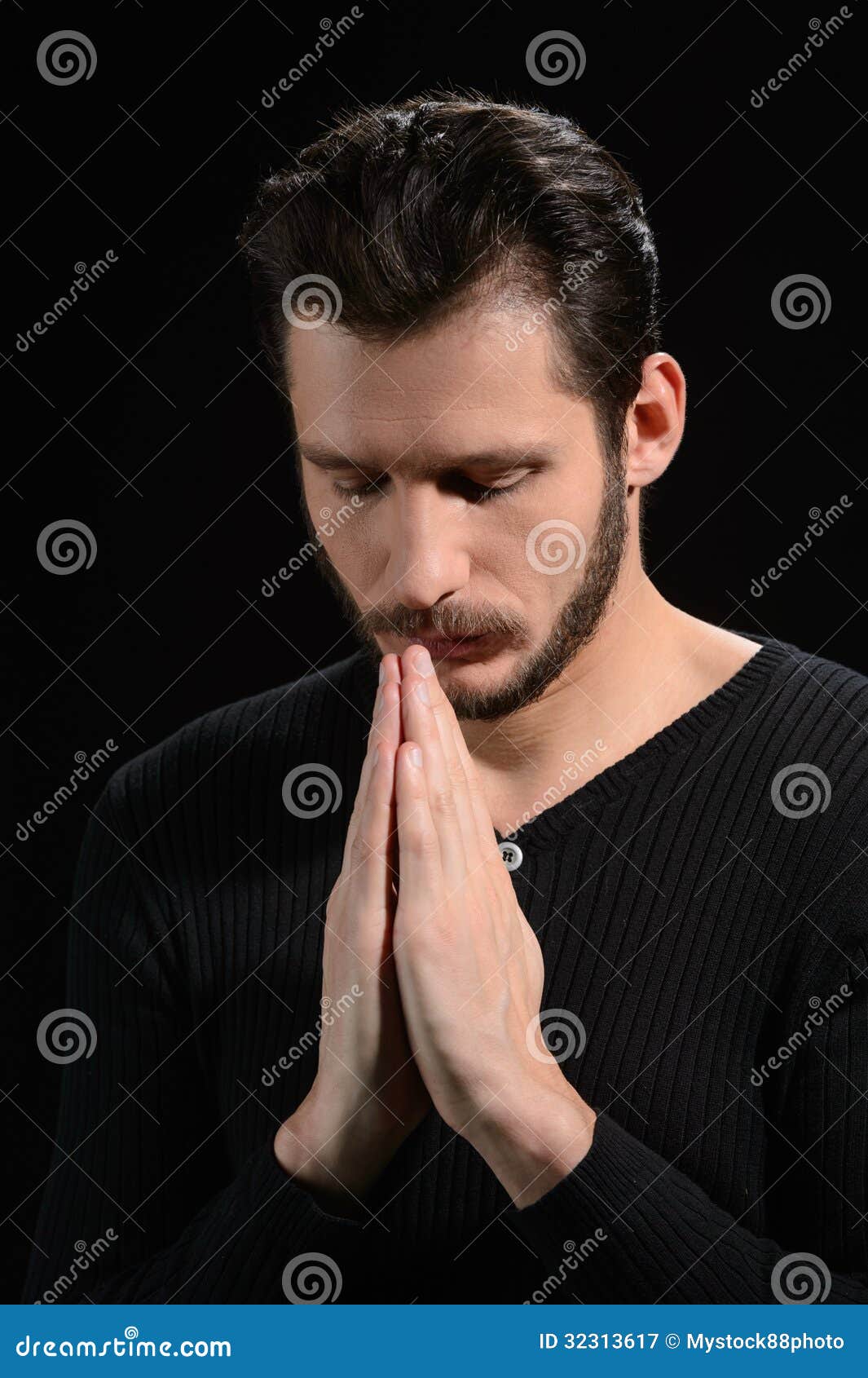 Man Praying. Portrait of Bearded Man Praying and Holding His Han Stock ...