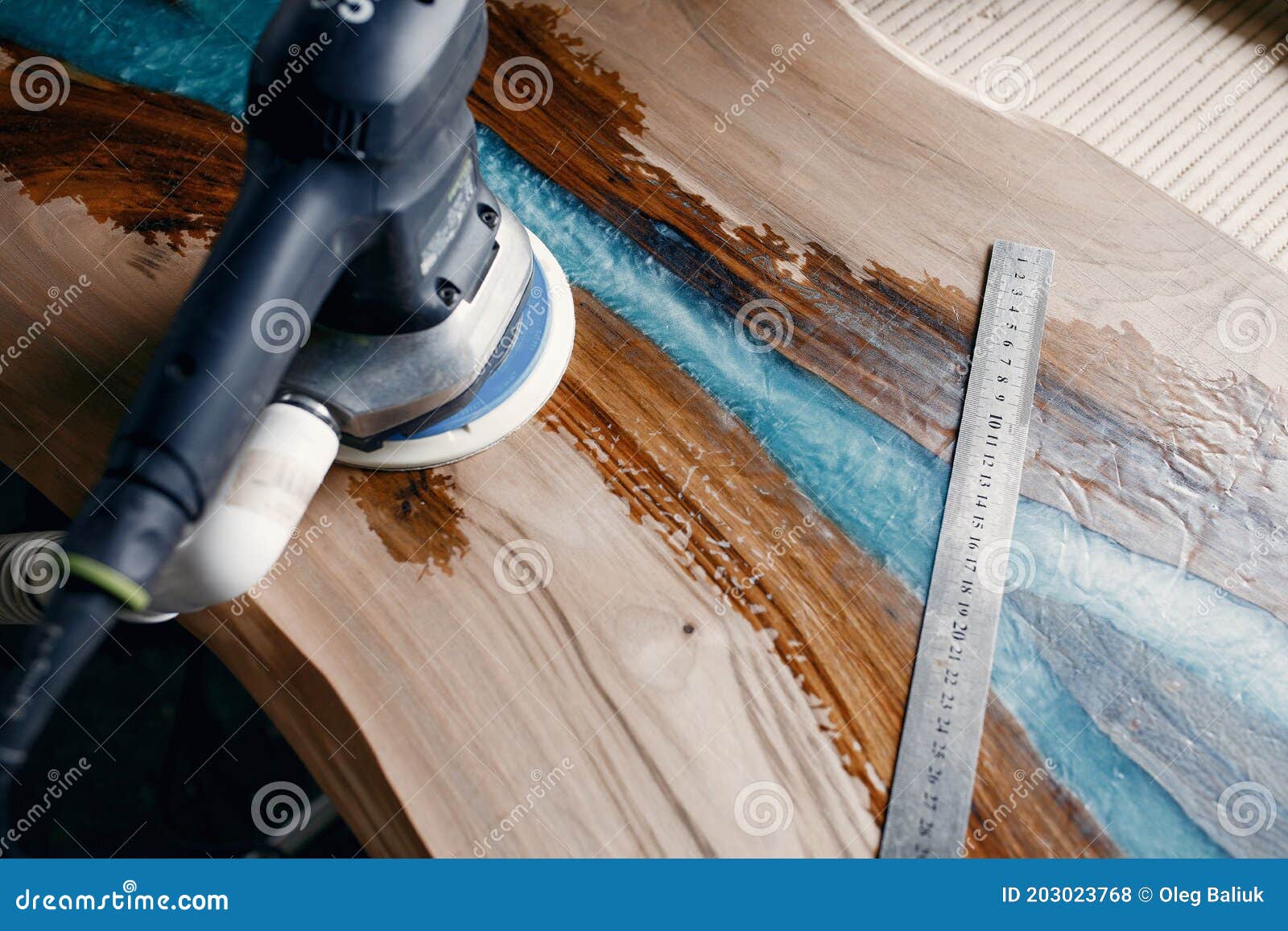 Man is Processing with Wood by Polishing Machine Stock Photo Image of