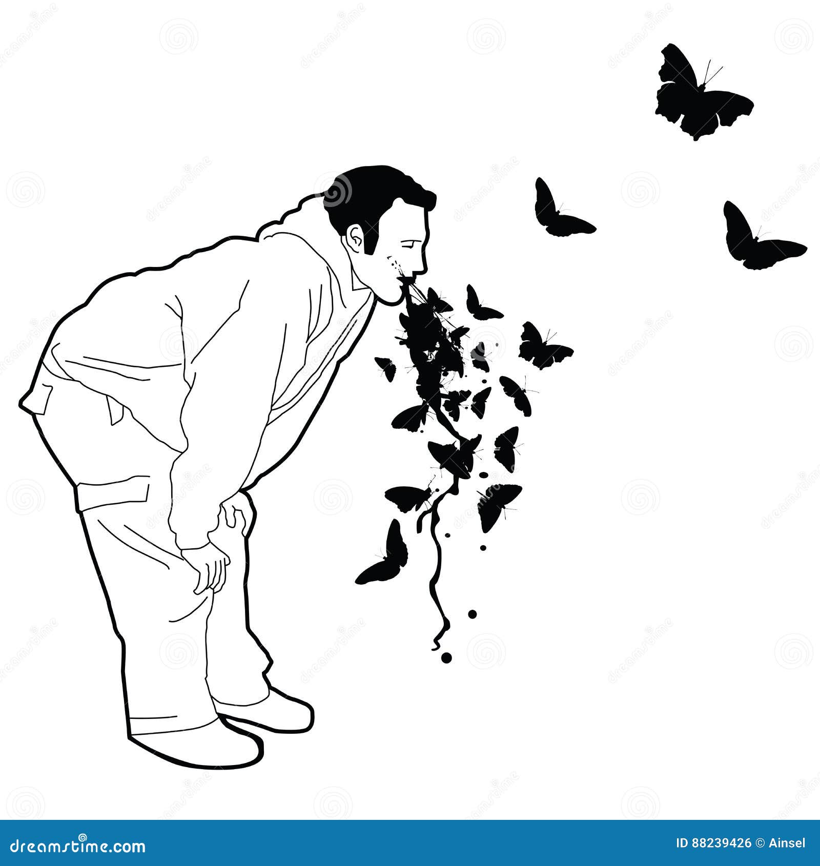 Man puking butterflies stock illustration. Illustration of male 88239426