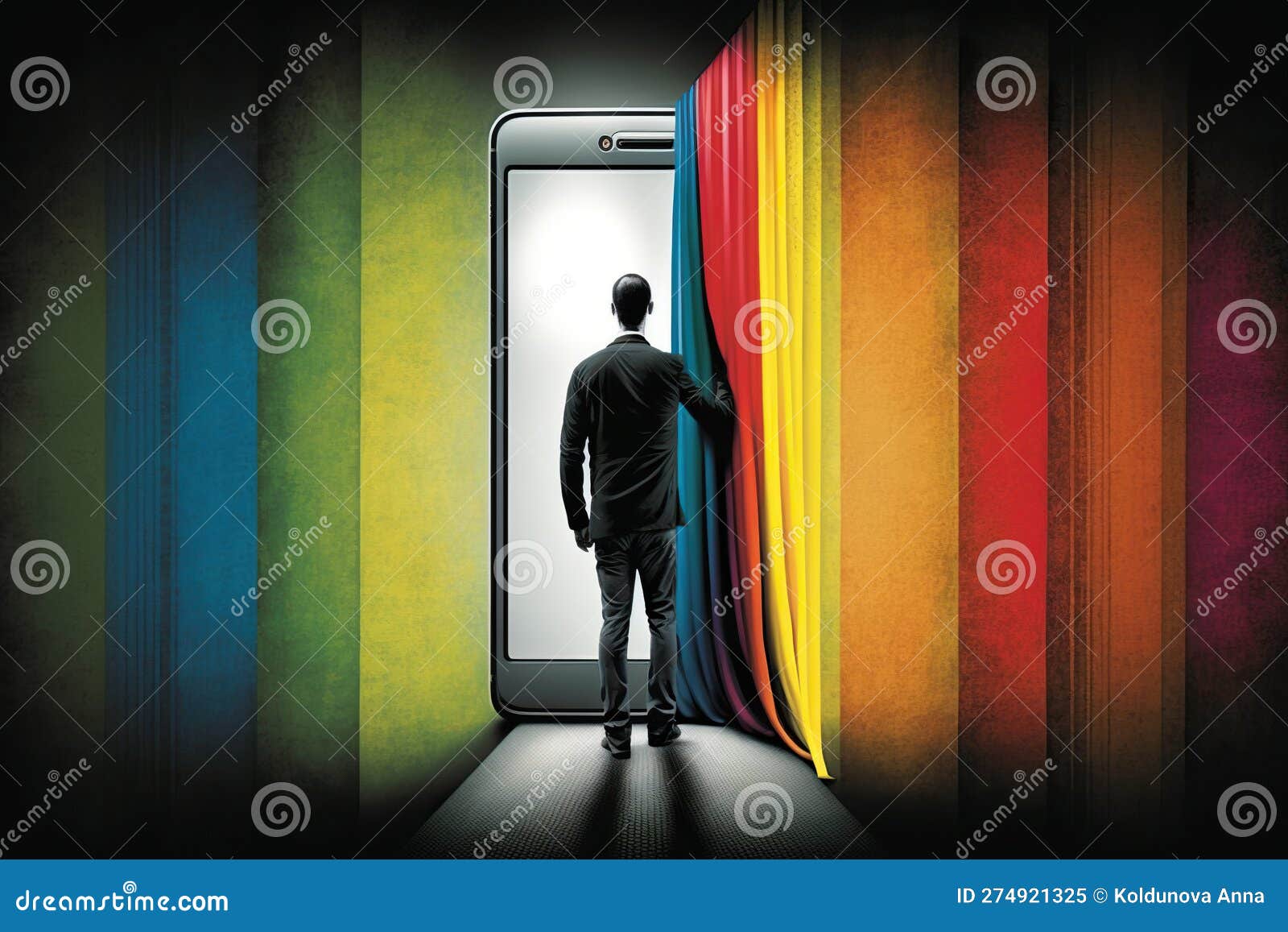 Man Pulling the Curtain Up To a New Colorful Smartphone, Created with