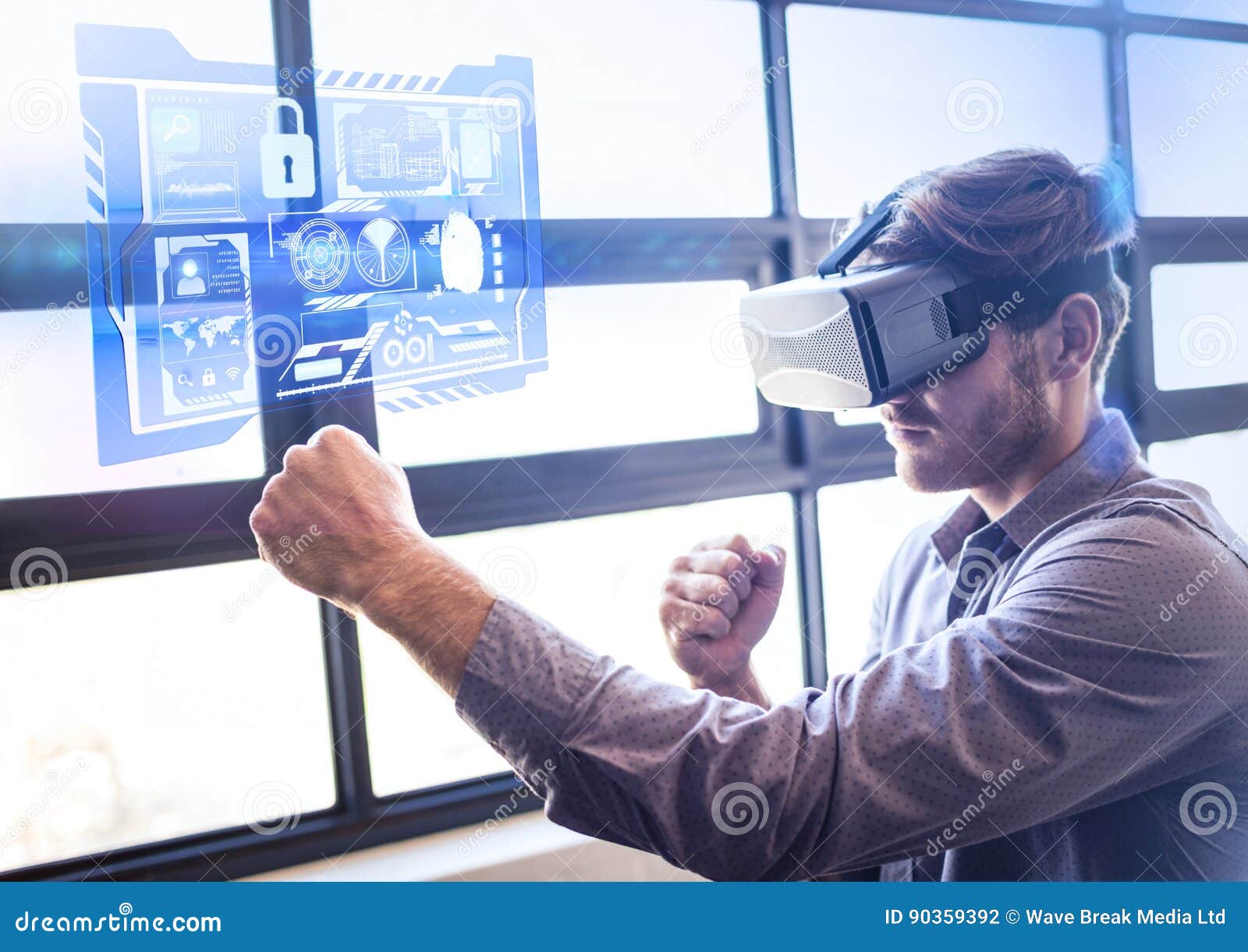 Man Punching the Air Wearing VR Virtual Reality Headset with Interface