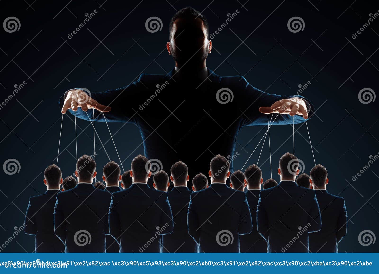 a man, a puppeteer, controls the crowd with threads. the concept of world conspiracy, world government, manipulation, world