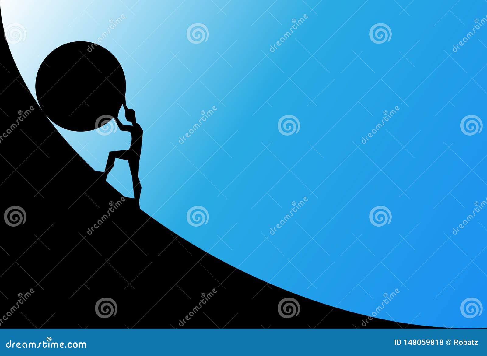 man pushing big boulder uphill with blue sky. concept of fatigue, effort, courage.  cartoon black silhouette in flat 