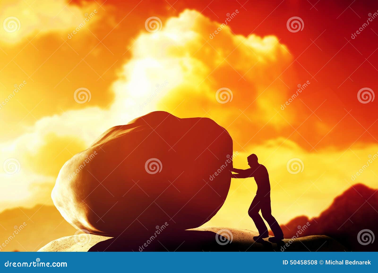 man pushing a giant, heavy rock over the mountain.