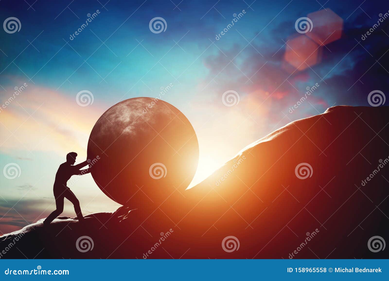 man pushing huge concrete ball up hill