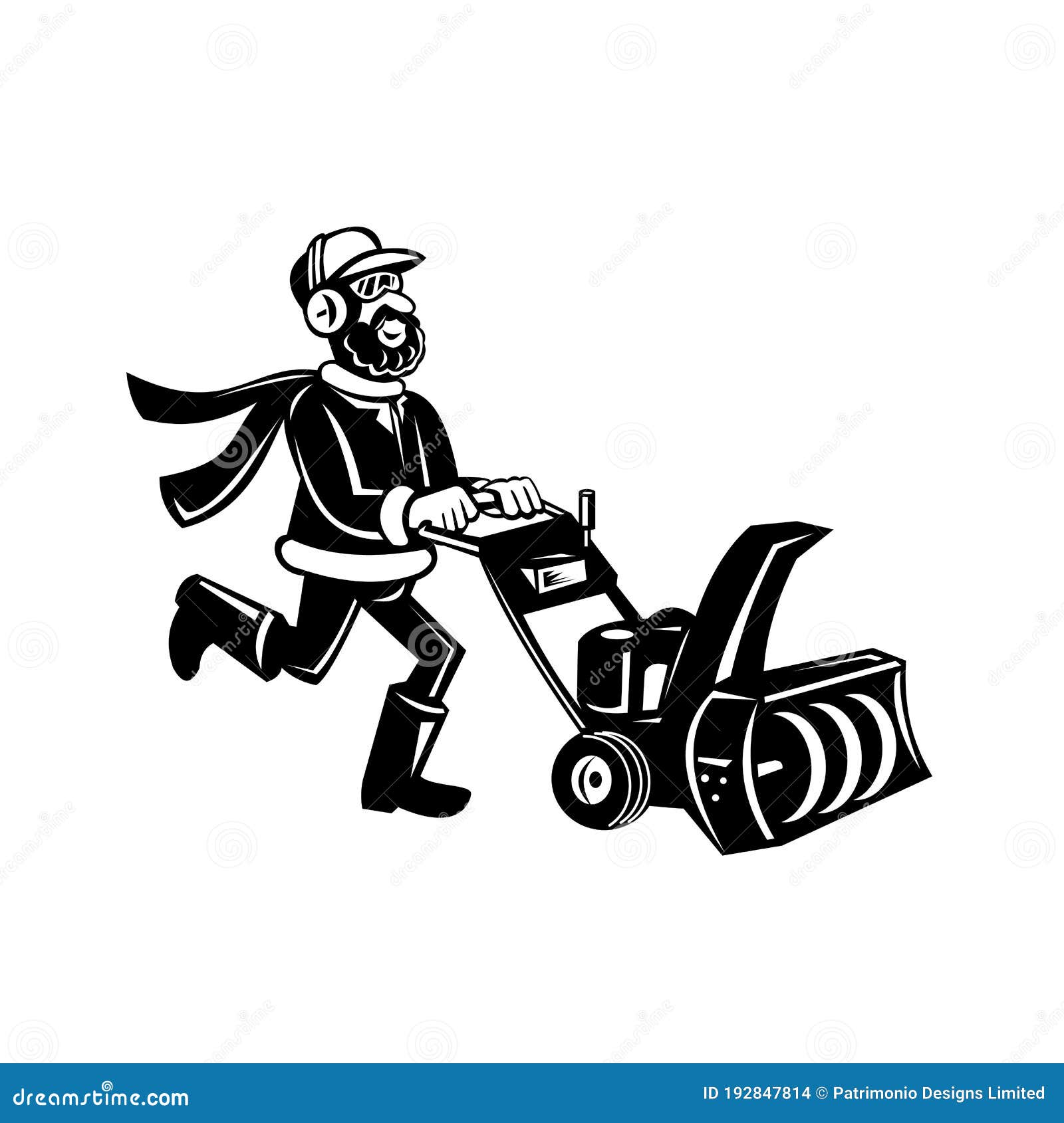 Download Man Pushing A Snow Blower Or Snow Thrower Cartoon Retro ...