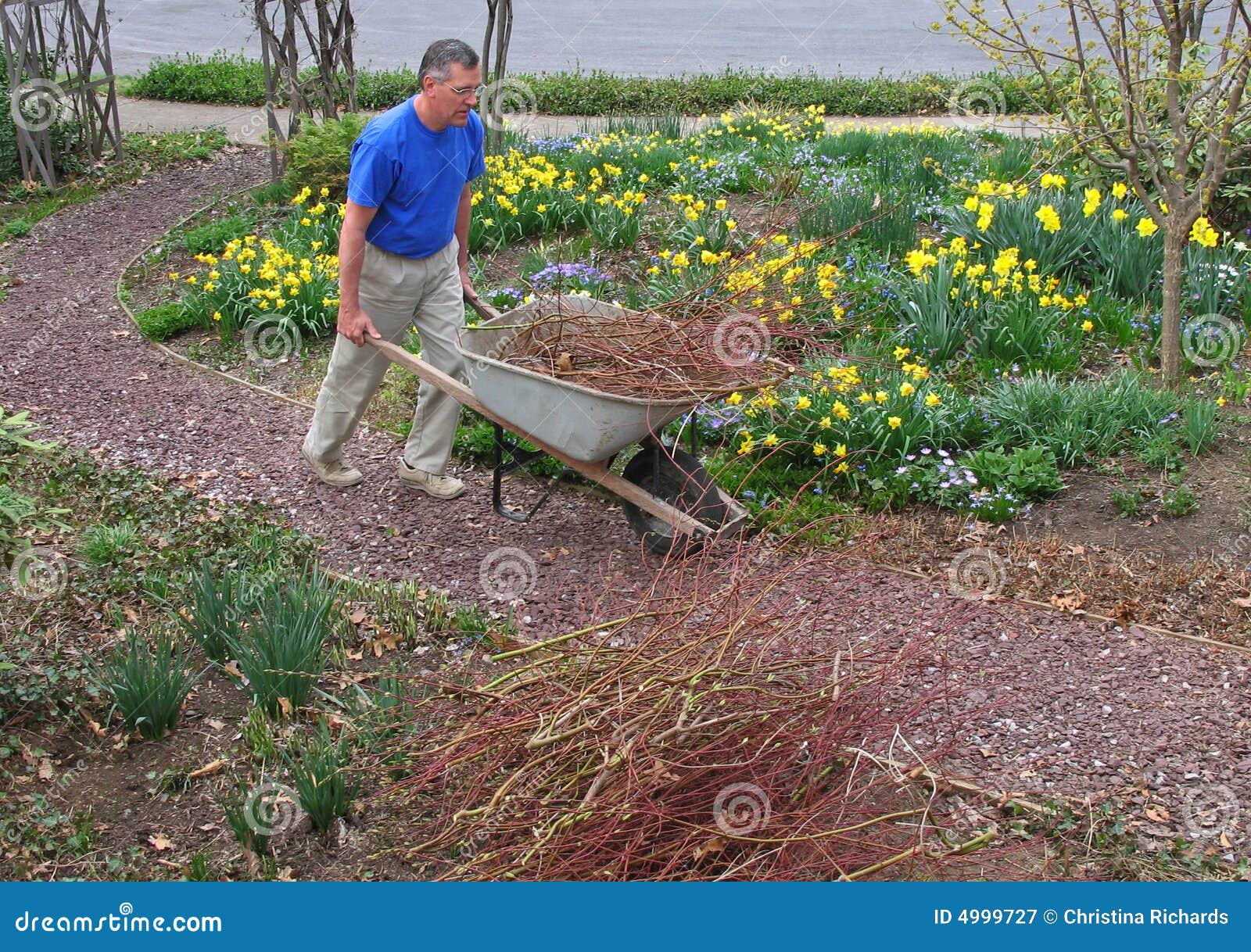 man pushing wheelbarrow