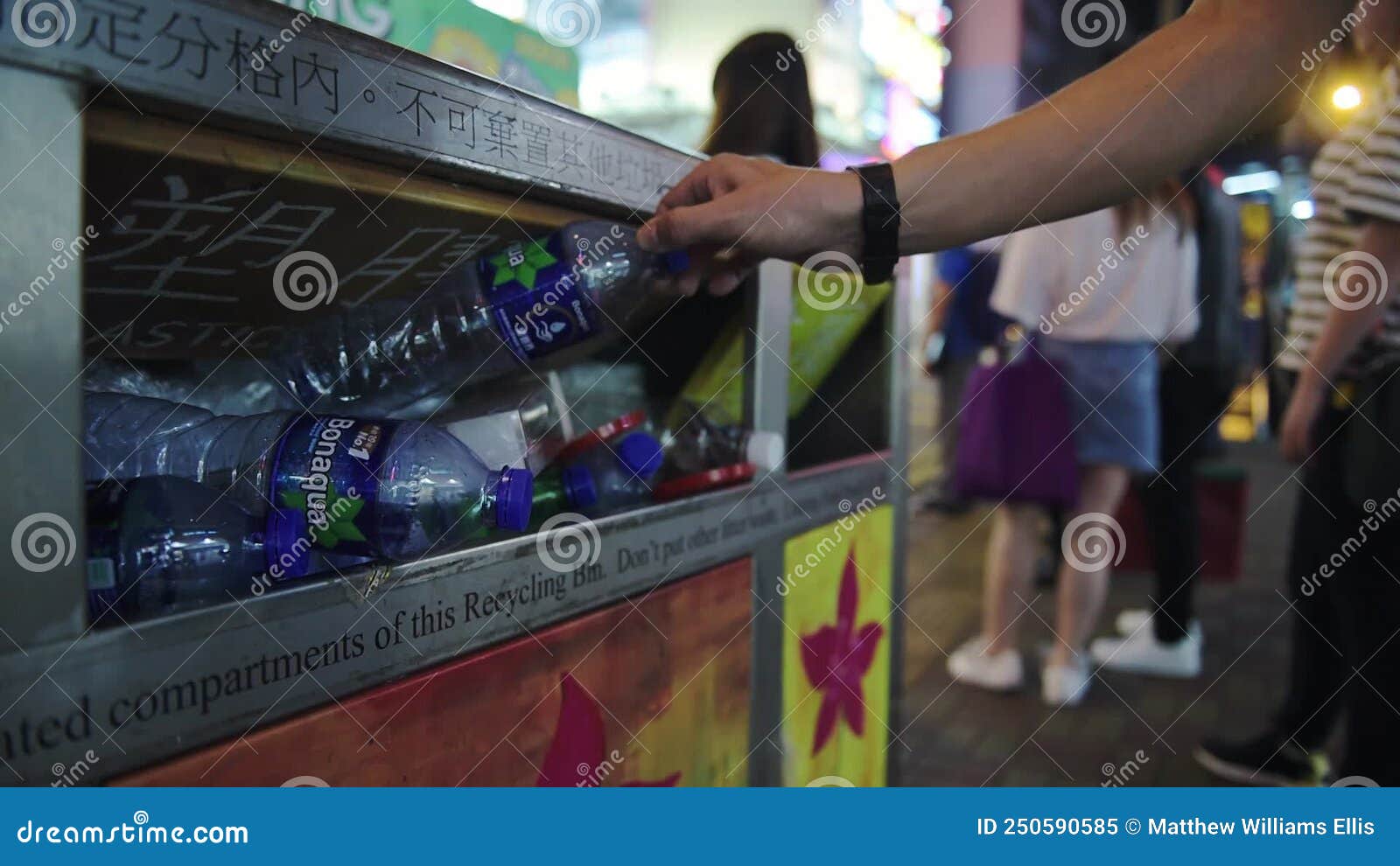 Full Garbage Plastic Bottle Colorful Litter Bins Man Put Empty