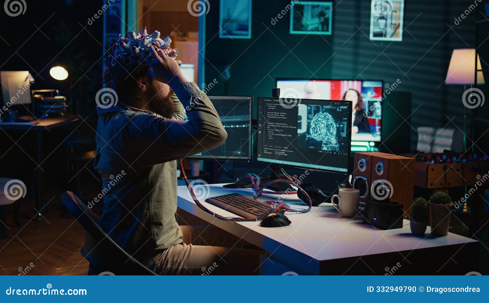man puts eeg headset on to transfer mind into computer virtual world