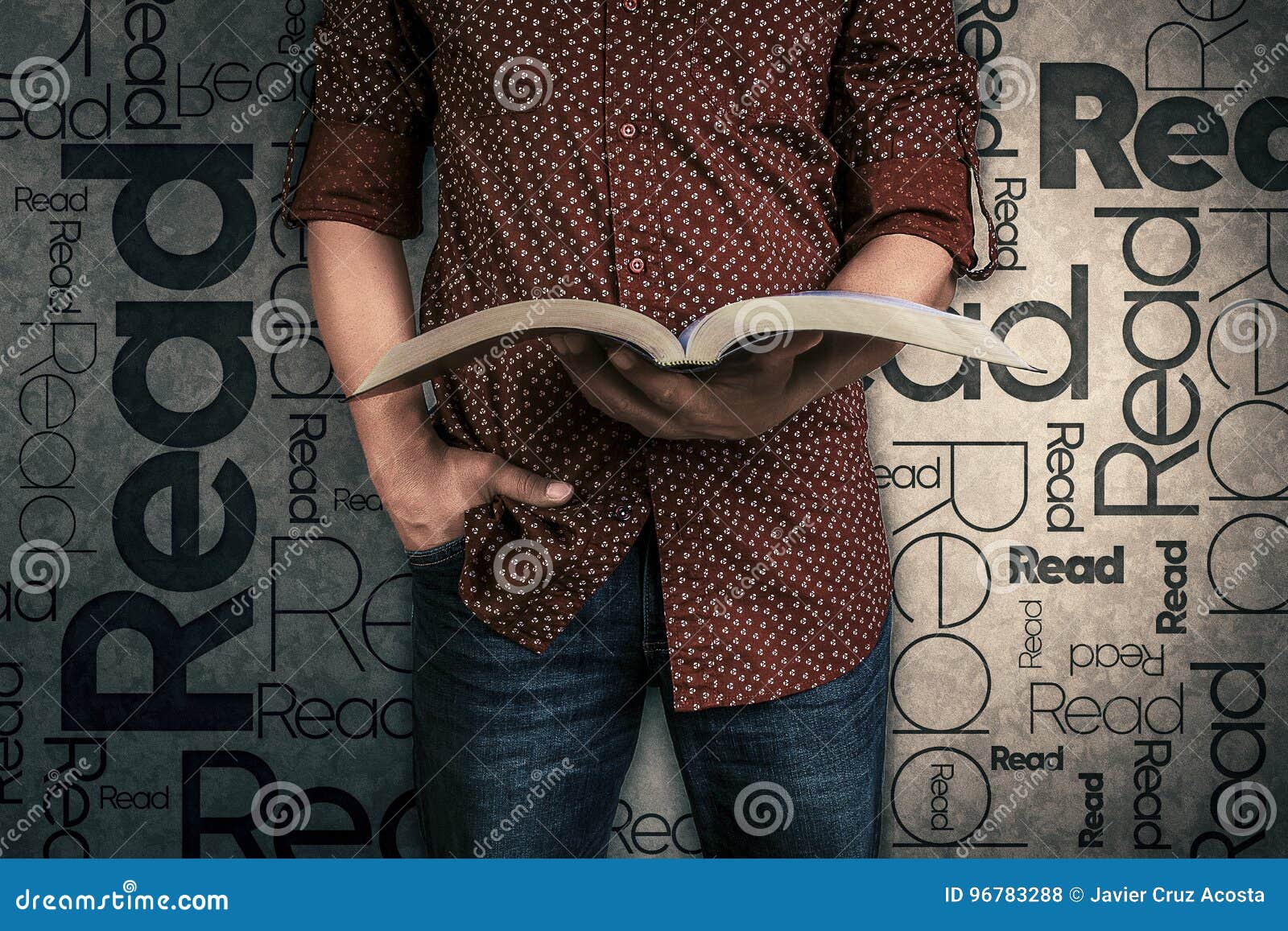 man reading a book and the word read on the background