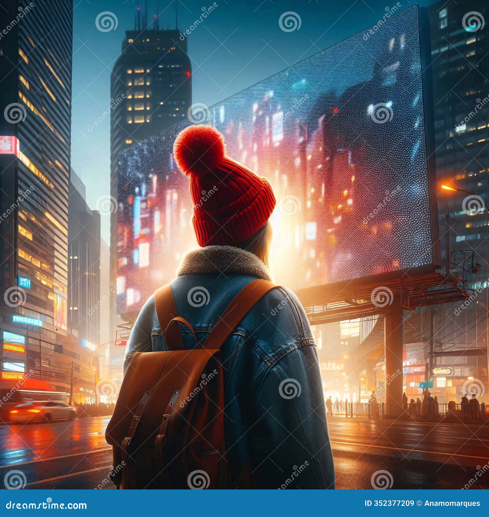 man in red beanie gazes at surreal nature billboard in futuristic cityscape, blending urban reality with wilderness fantasy.