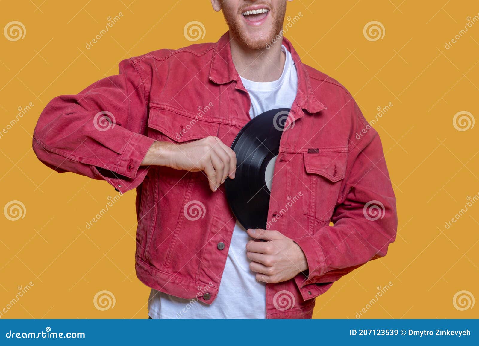 Man in Red Jacket with a Record in Hands Stock Image Image of