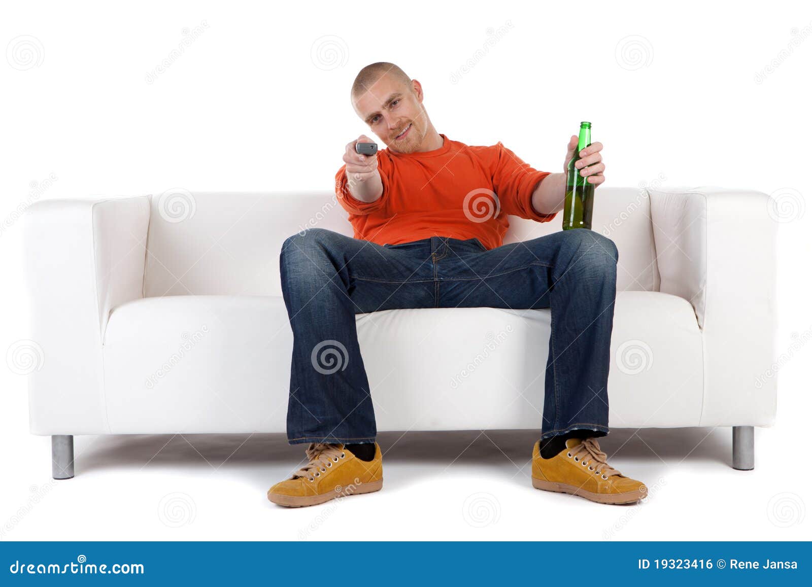 Man Relaxing With Beer On Sofa Stock Photo Image of deice, alcohol