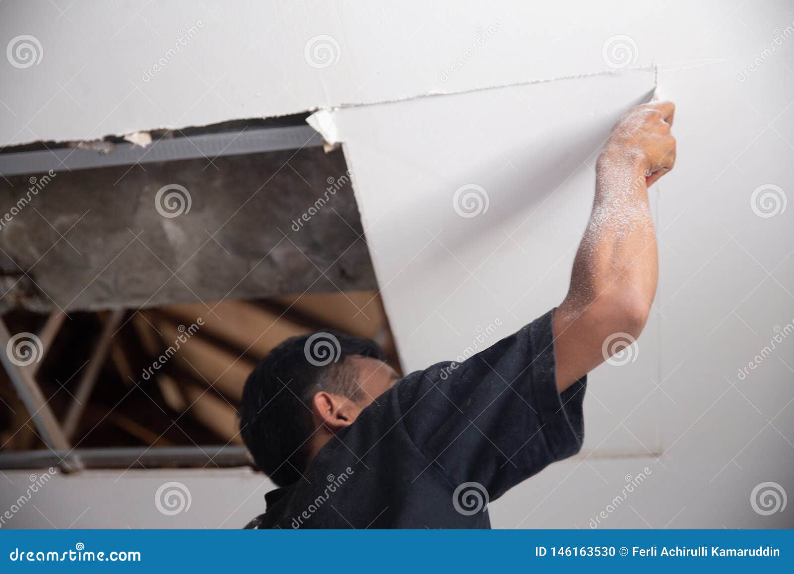 Man Repair The Broken Ceiling Stock Photo Image Of Broken