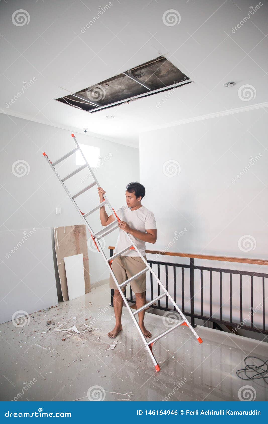 Man Repair The Broken Ceiling Stock Photo Image Of House