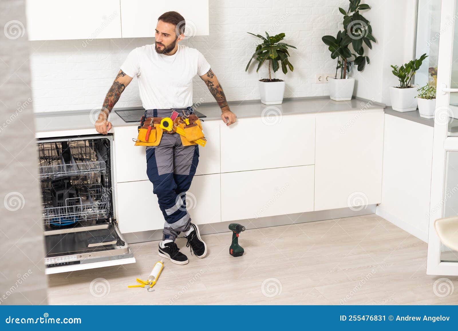 Man Repairing a Dishwasher with Tools Stock Image Image of worker, technology 255476831