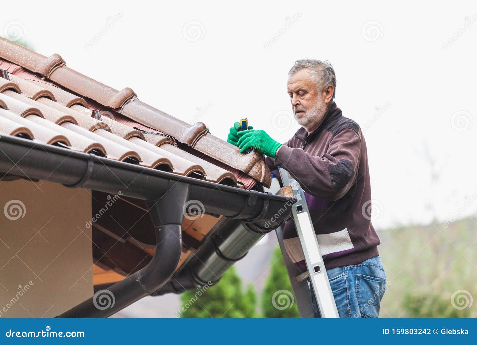 Man Repairs Tiled Roof Of House Close Up Stock Photo Image of manual, protection 159803242