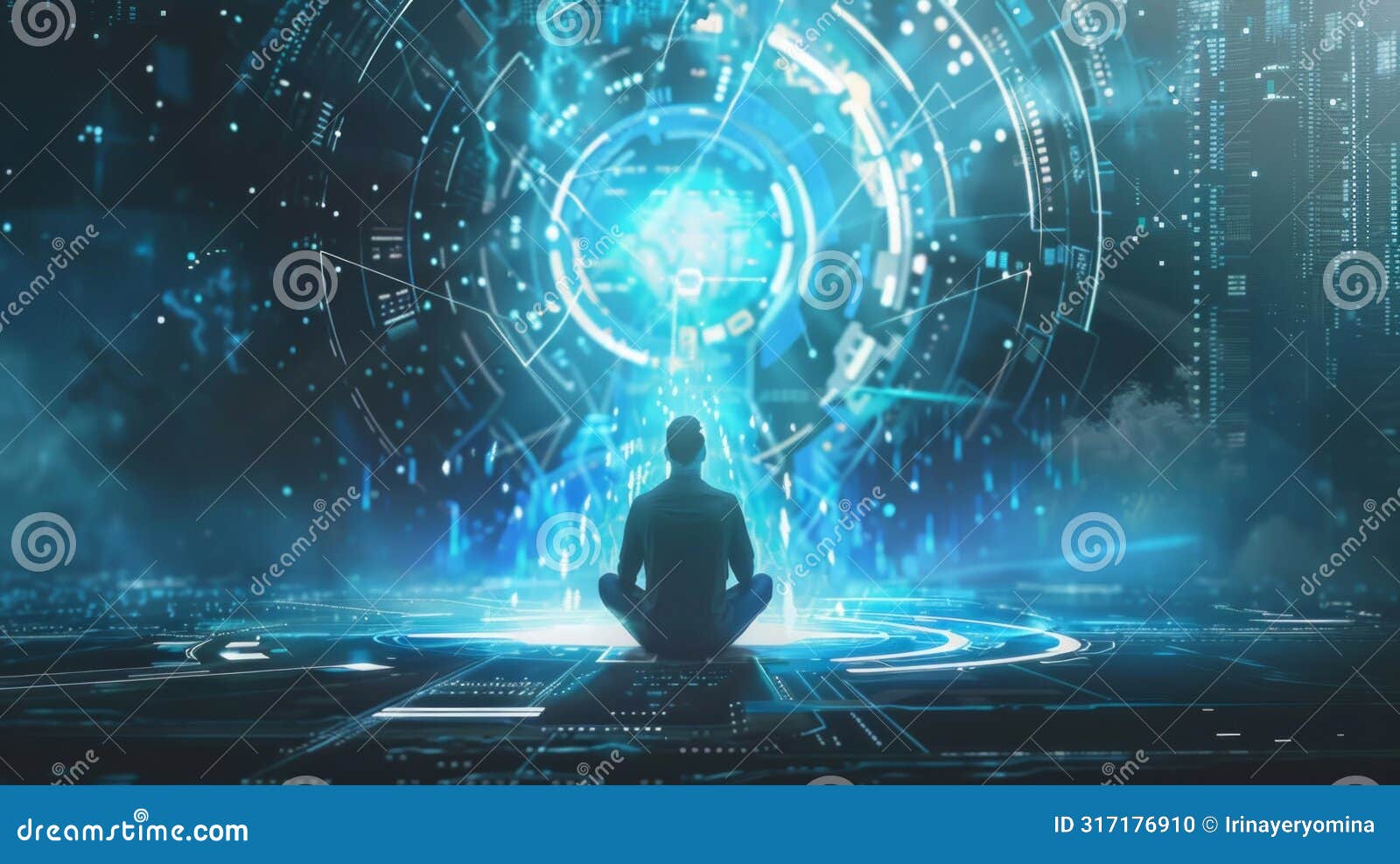 man in reverence before futuristic ai deity interface