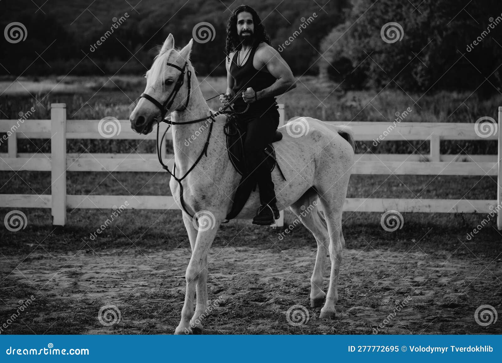 man riding a horse. hunky cowboy rides horse. country life concept.