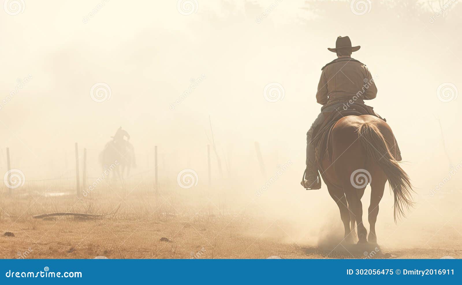 Silhouette of a man riding a horse wearing a cowboy hat in the dust of the prairie. AI generated