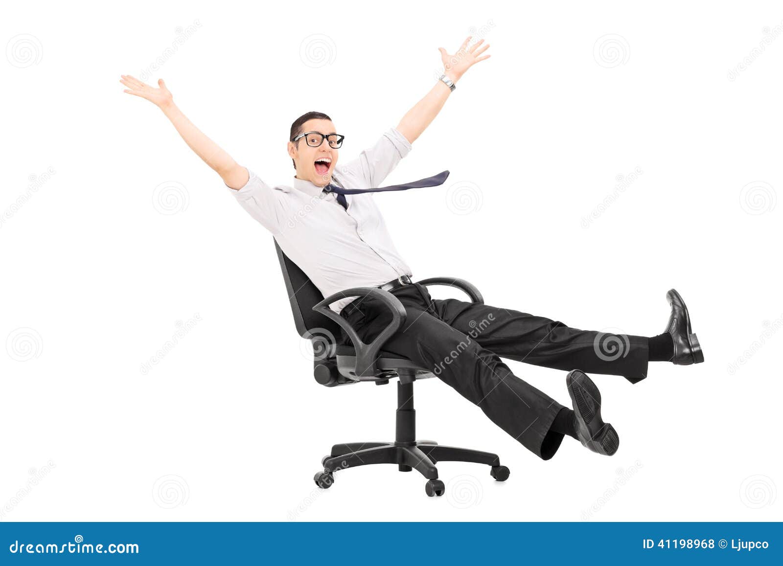 Man Riding In An Office Chair And Gesturing Joy Stock Photo Image of