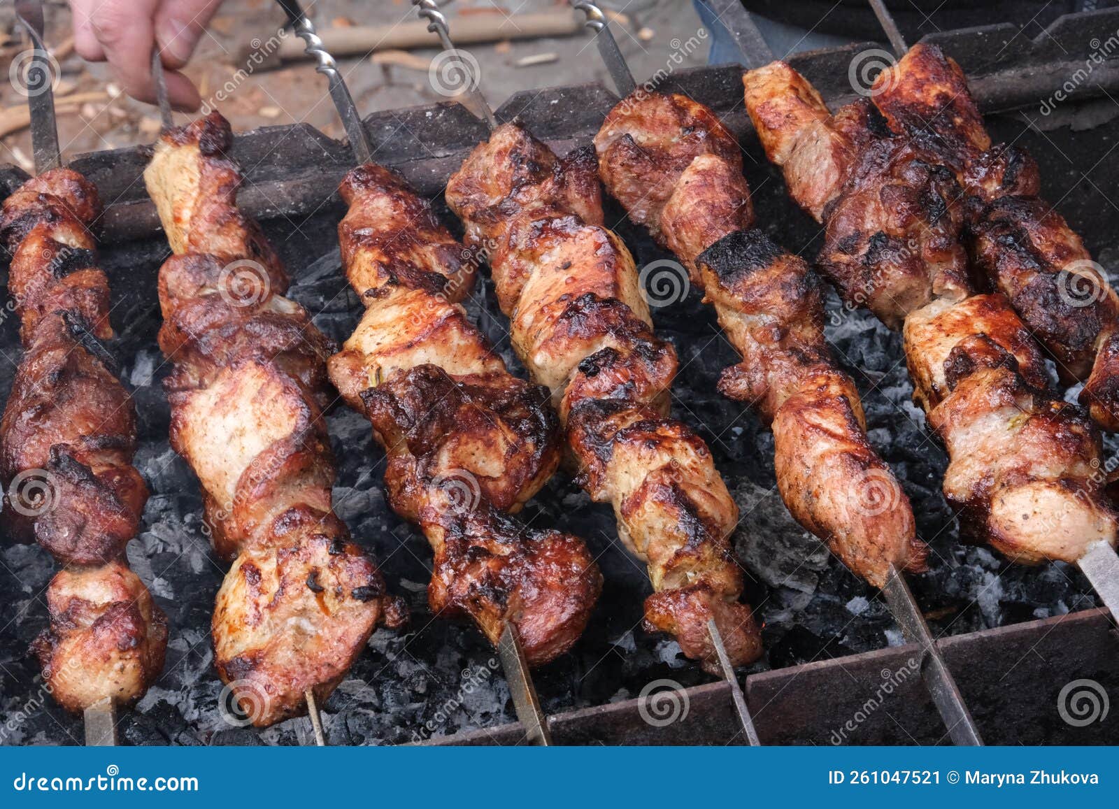 A Man Roasts Meat on a Fire. Onion and Barbecue. Grilling Pork Neck ...