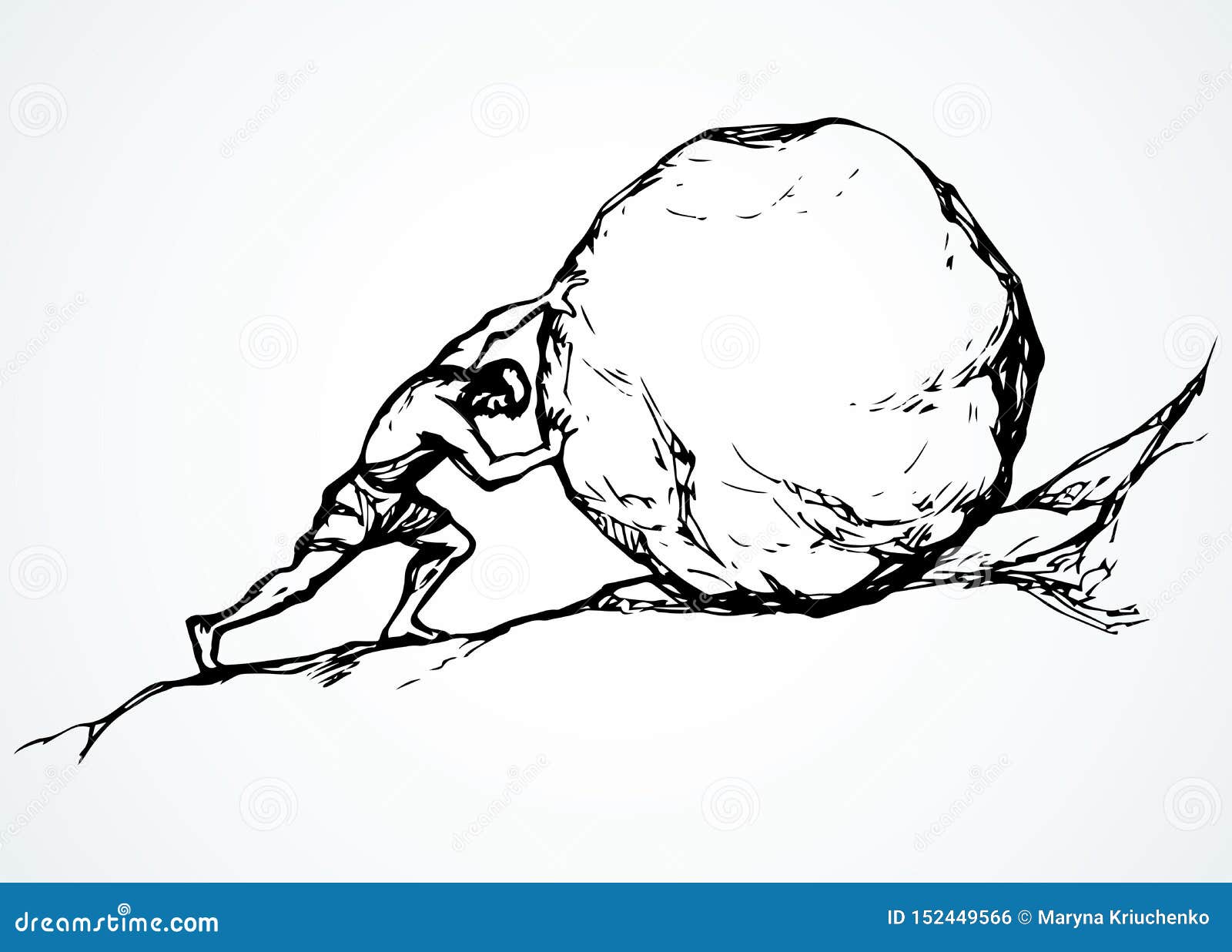 a man rolls a stone up the hill.  drawing