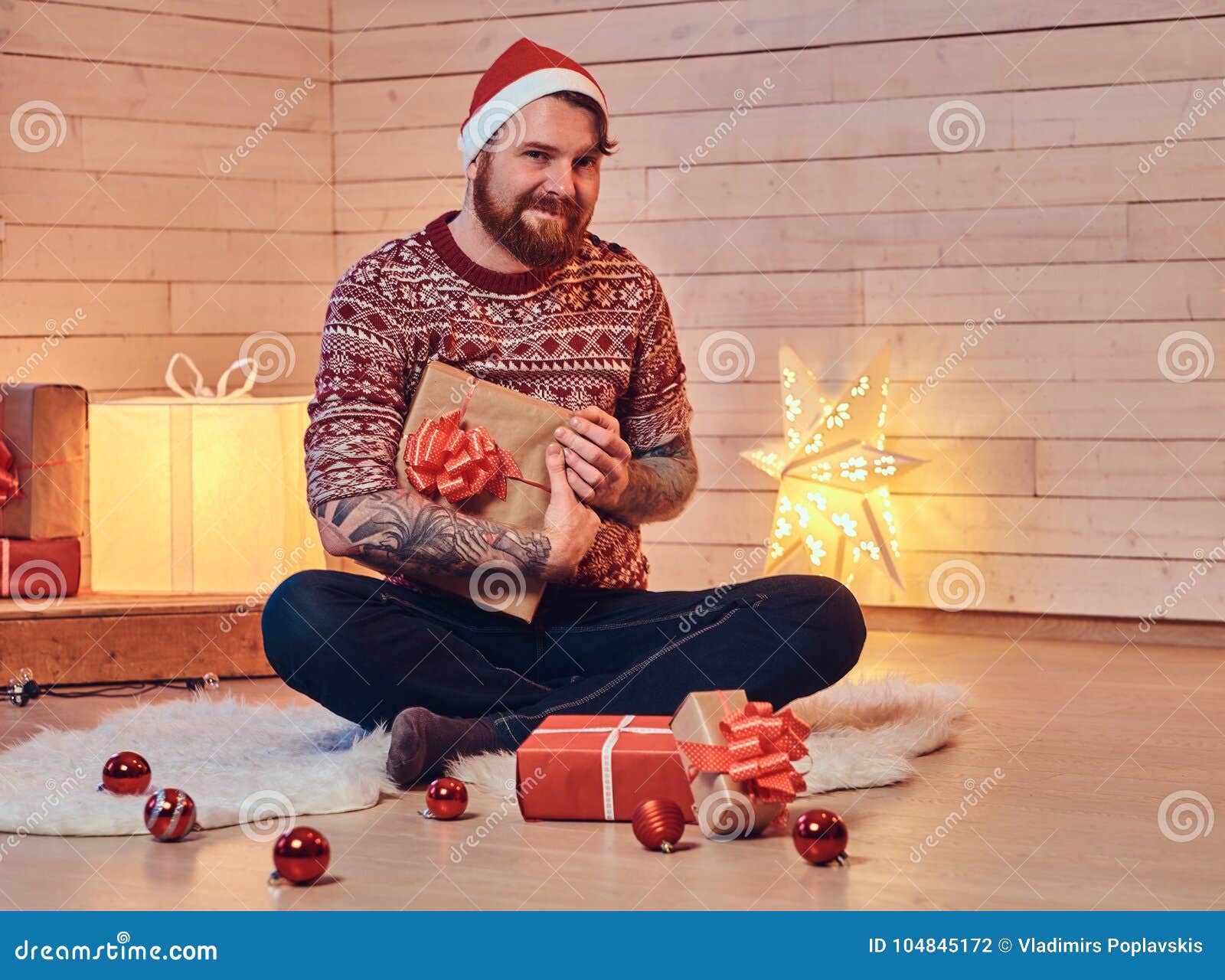 A Man in a Room with Christmas Decoration. Stock Photo - Image of beard