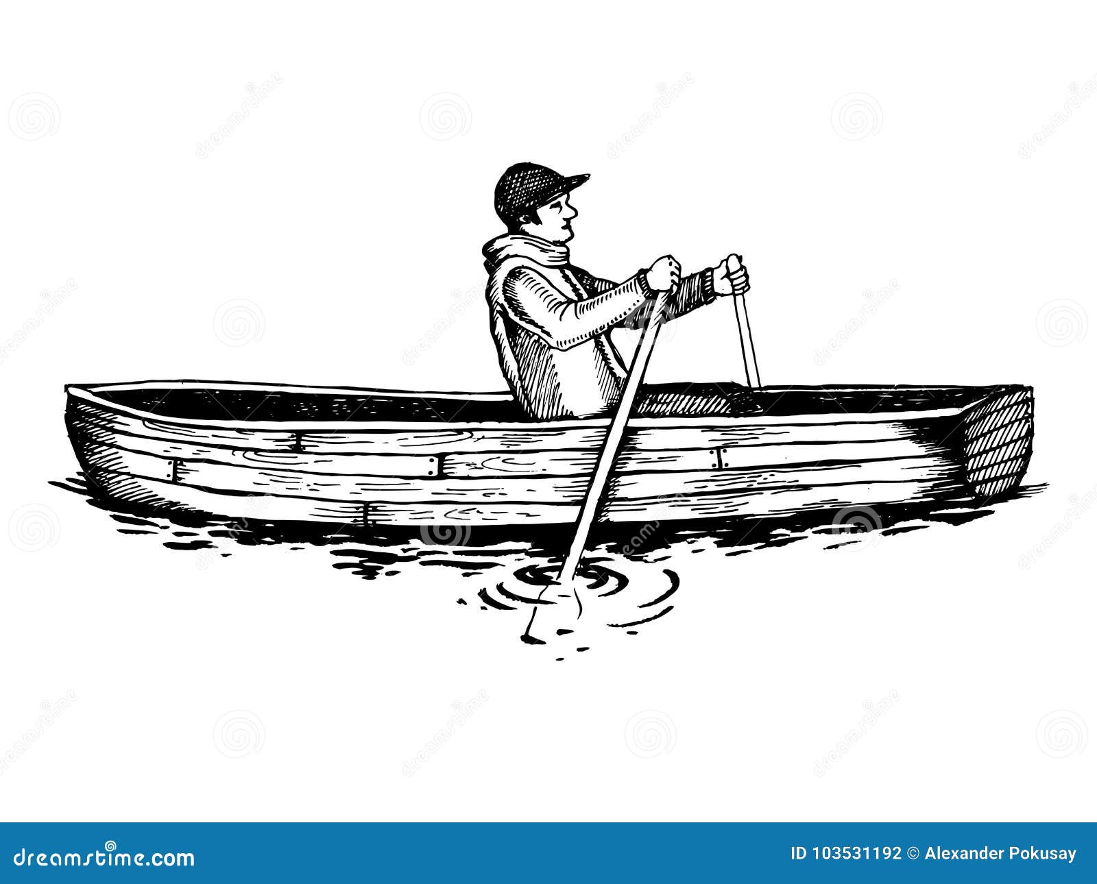 Man On Rowing Boat Engraving Vector Illustration Stock 