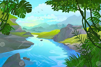 Man Rowing His Small Boat by a Mountain River Stock Vector ...