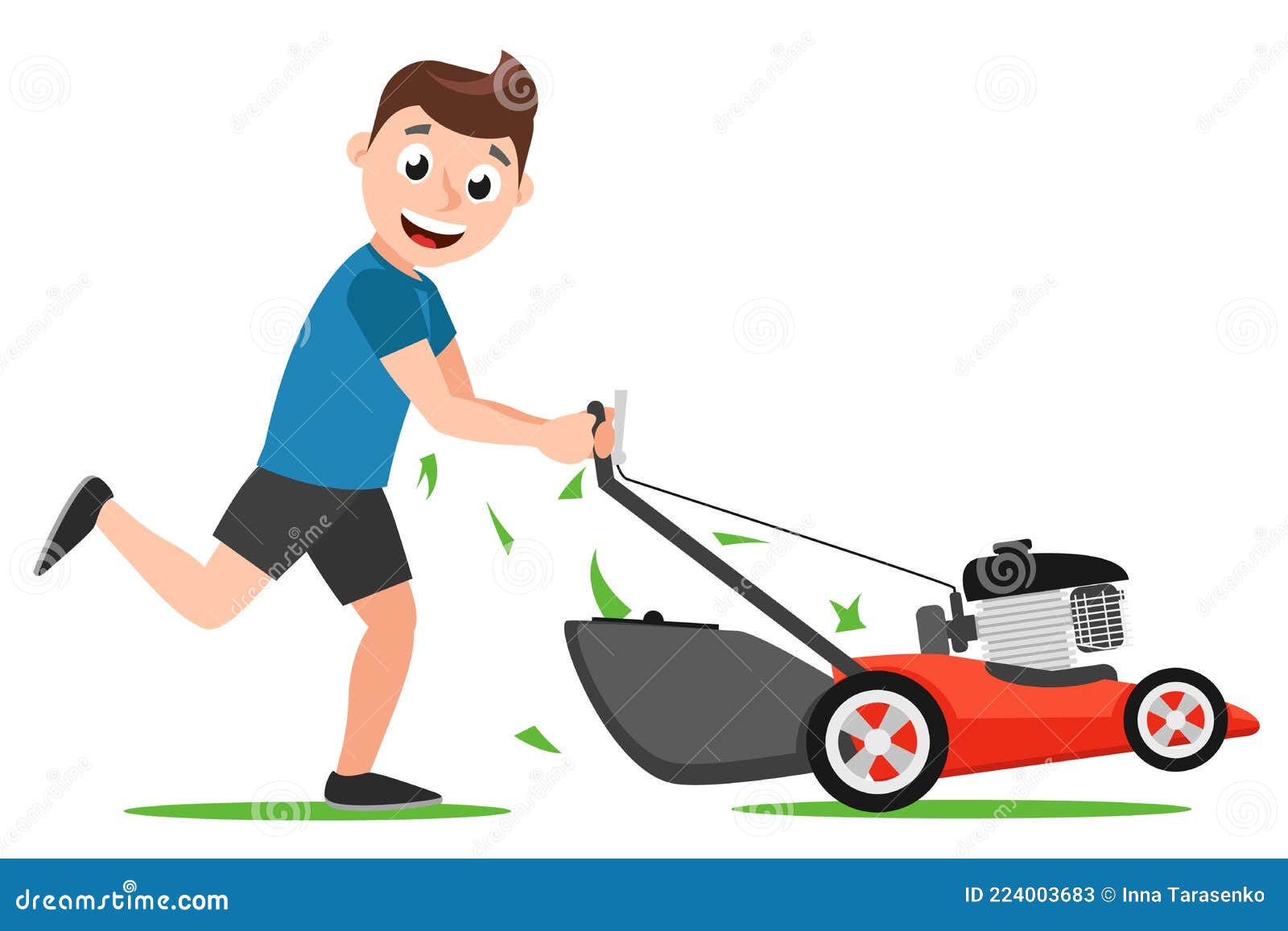 man runs with a lawn mower on a white background. lawn mowing