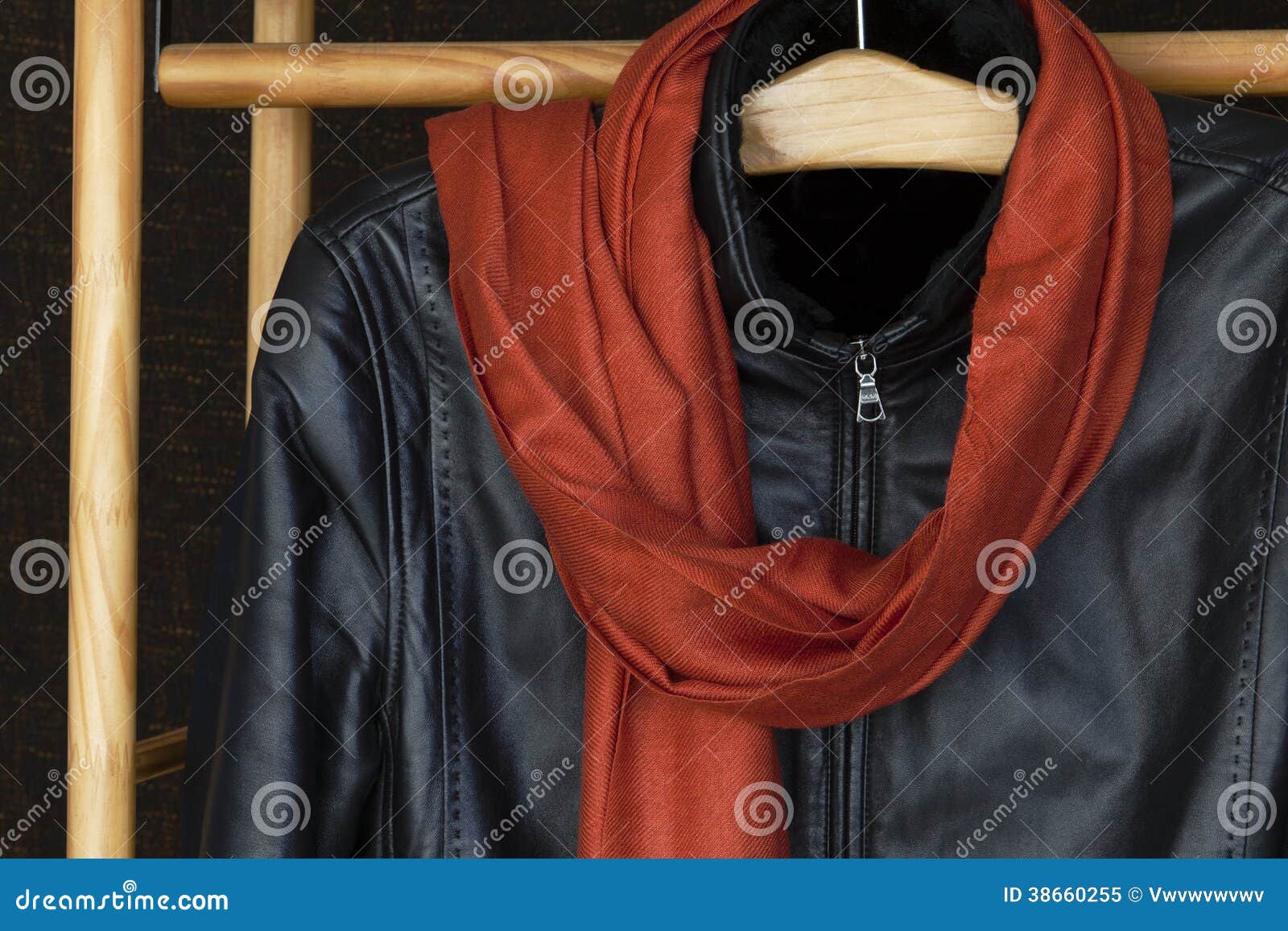 A Man S Black Leather Jacket and a Scarf Stock Image Image of