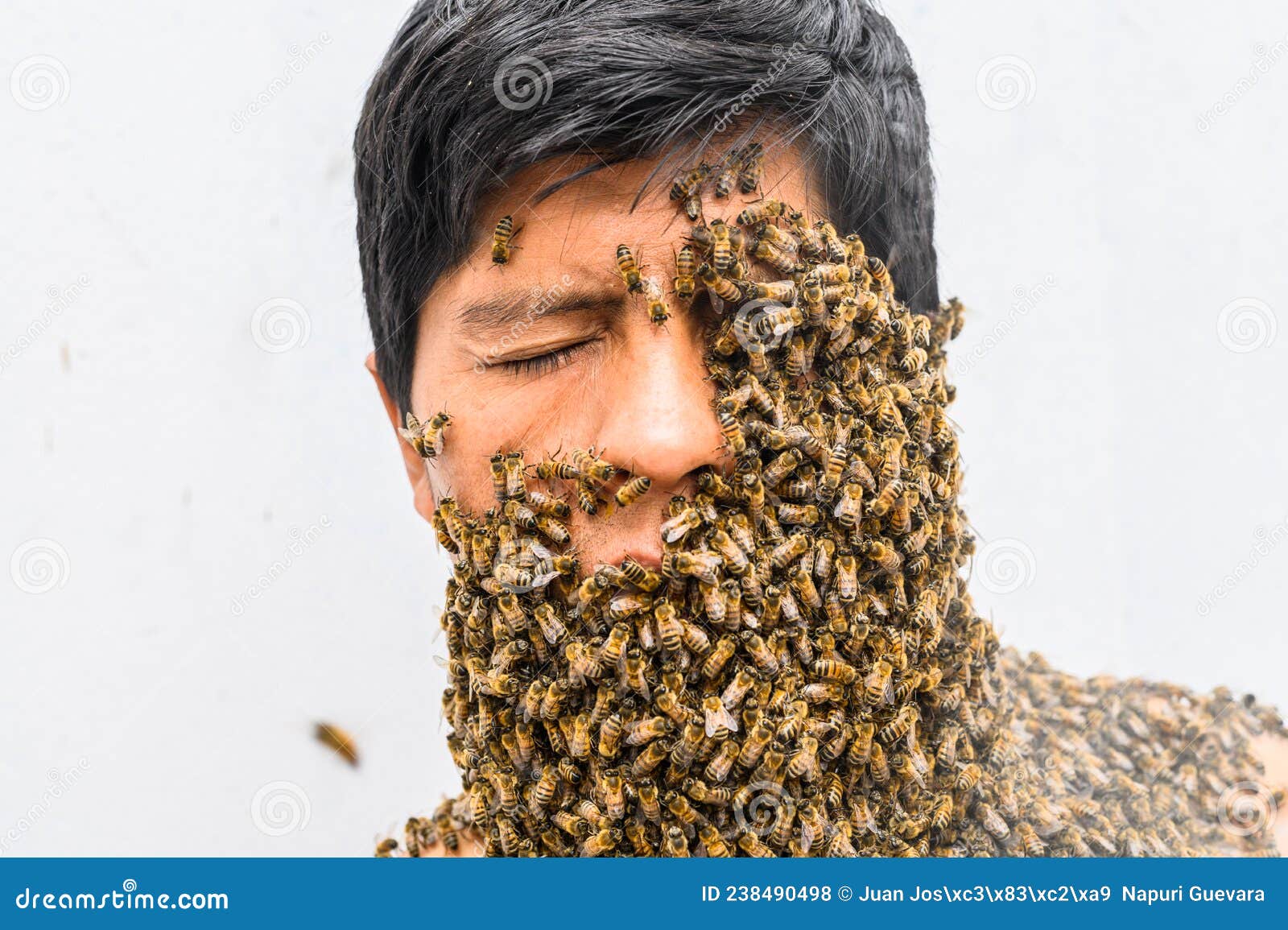 Man& X27;s Face Covered by Bees. Stock Photo Image of bald, honey
