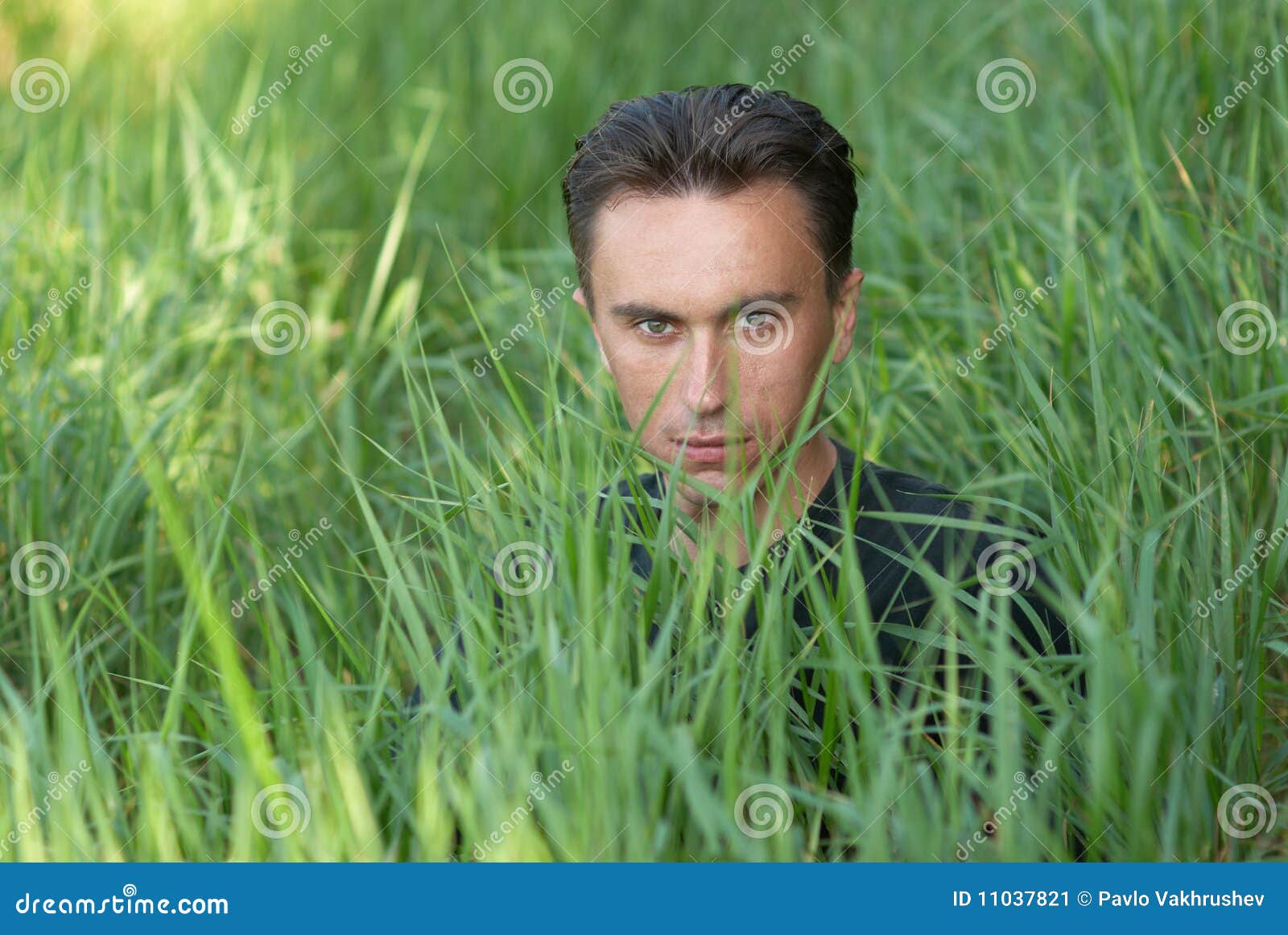 Man S Portrait In The Grass Stock Image - Image of expression, field