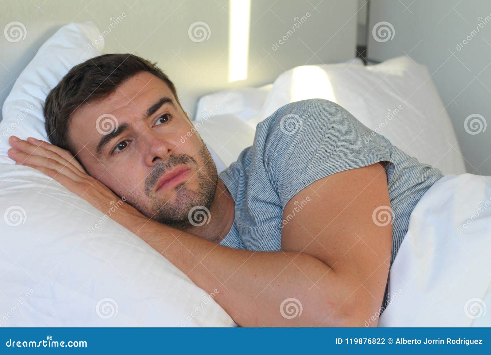 Man with Sad Expression in Bed Stock Photo Image of bedroom, divorce