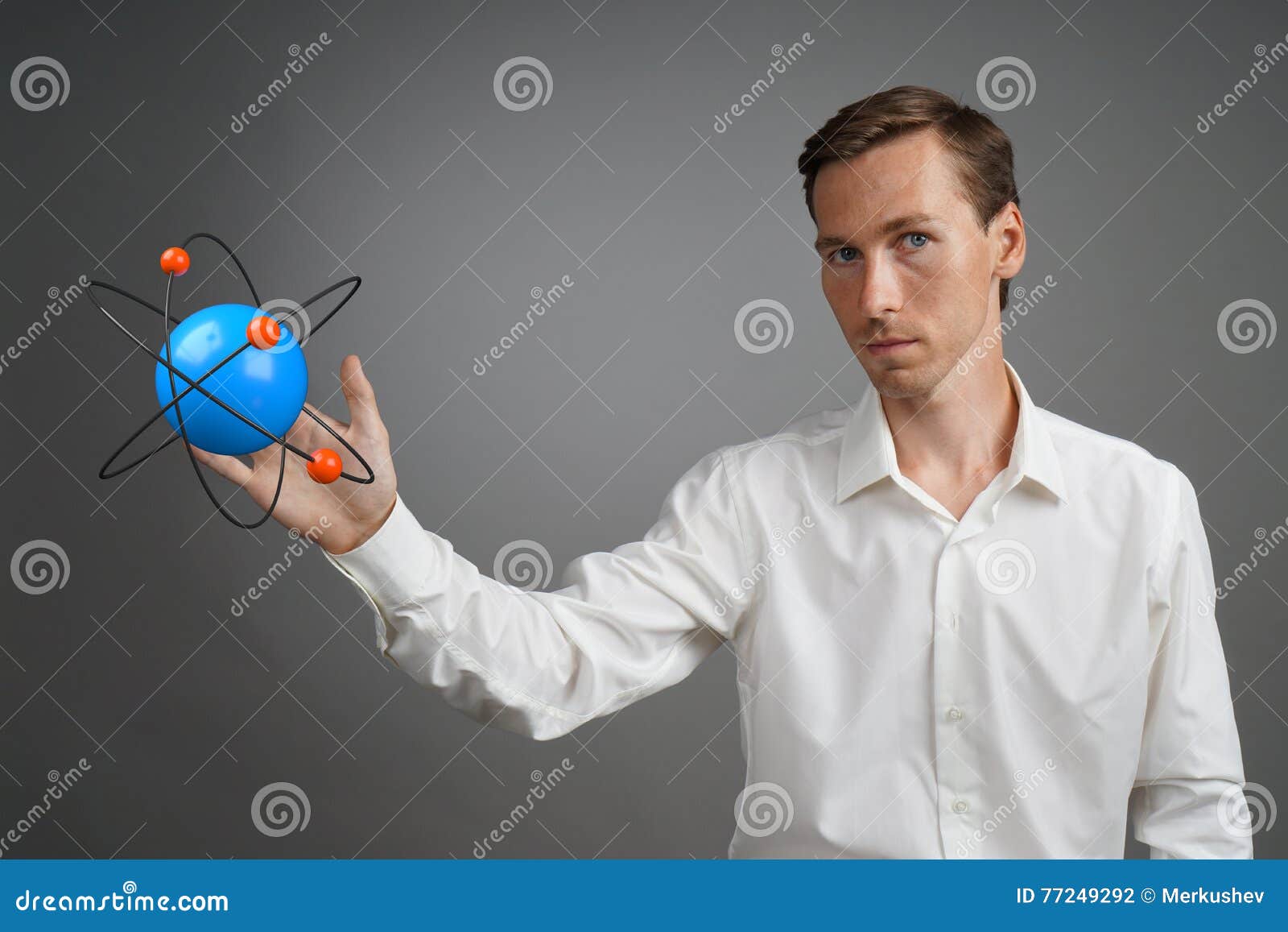 Man Scientist with Atom Model, Research Concept Stock Photo Image of molecule, grey 77249292