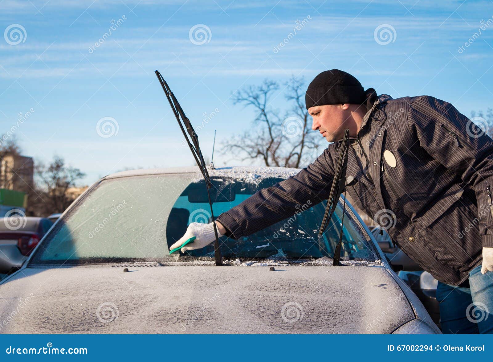 Man Scraping Front Windshield Stock Photo Image of covered, window